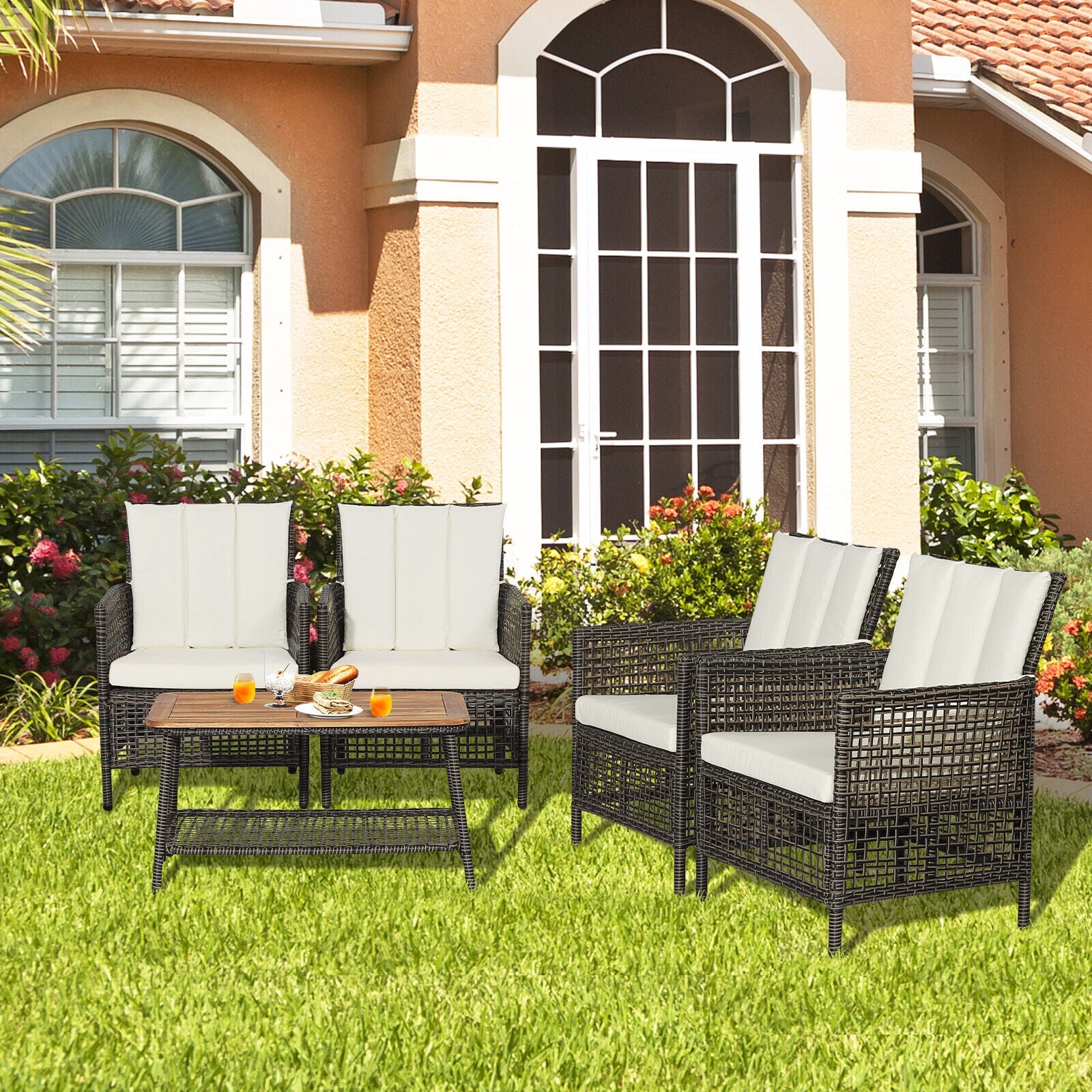 Costway 5-Piece Patio Rattan Furniture Set Cushioned Sofa Wooden Tabletop Off White 85607923 New