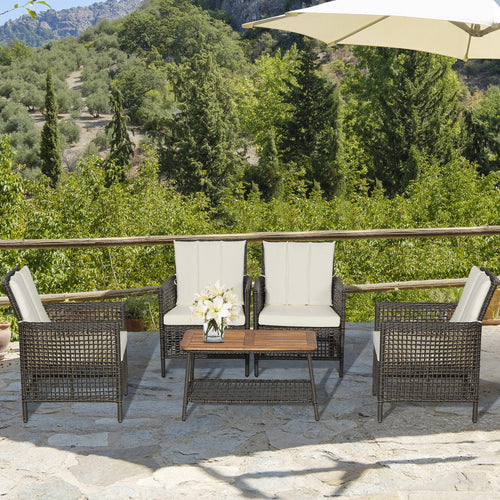Costway 5-Piece Patio Rattan Furniture Set Cushioned Sofa Wooden Tabletop Off White 85607923 New