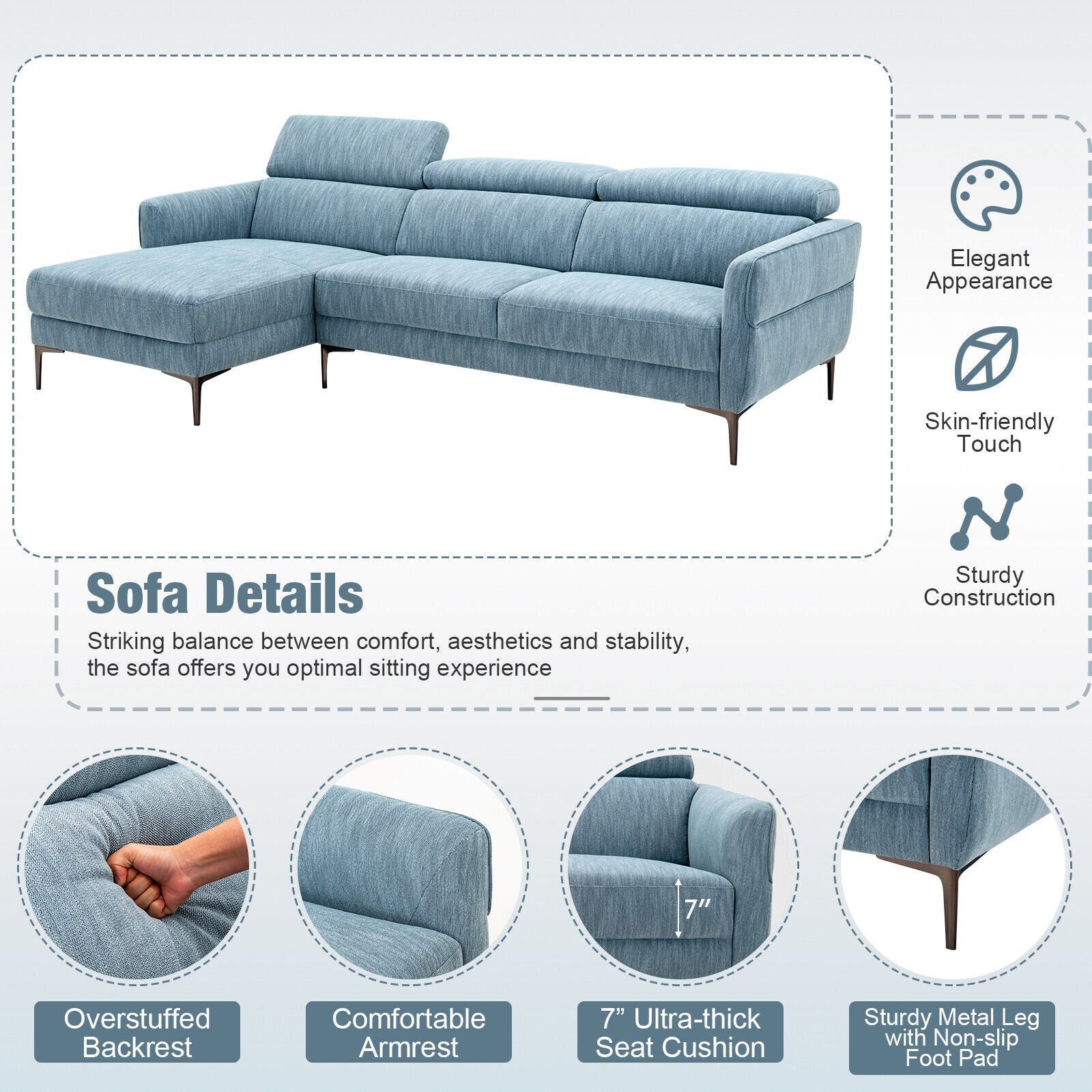 Costway 105" L-Shaped Sofa Couch w/ 3 Adjustable Headrests 32058967 New