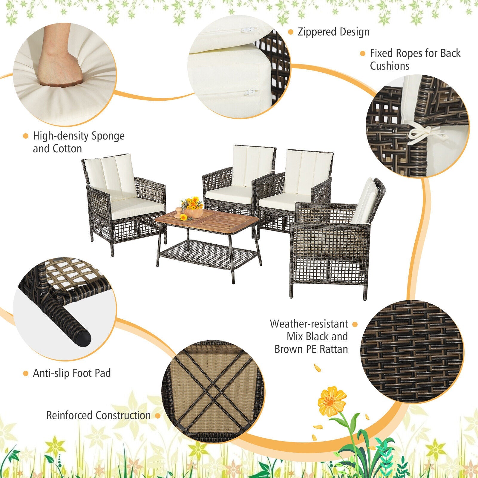 Costway 5-Piece Patio Rattan Furniture Set Cushioned Sofa Wooden Tabletop Off White 85607923 New