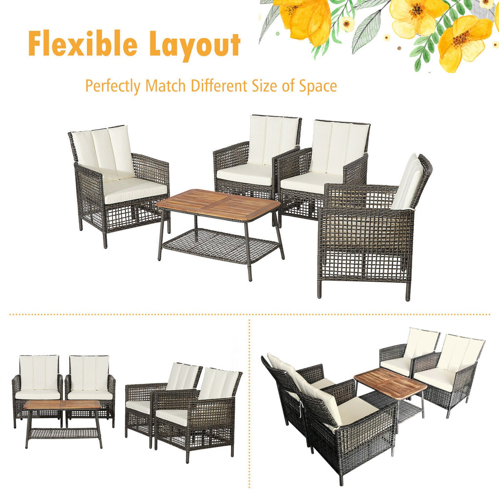 Costway 5-Piece Patio Rattan Furniture Set Cushioned Sofa Wooden Tabletop Off White 85607923 New