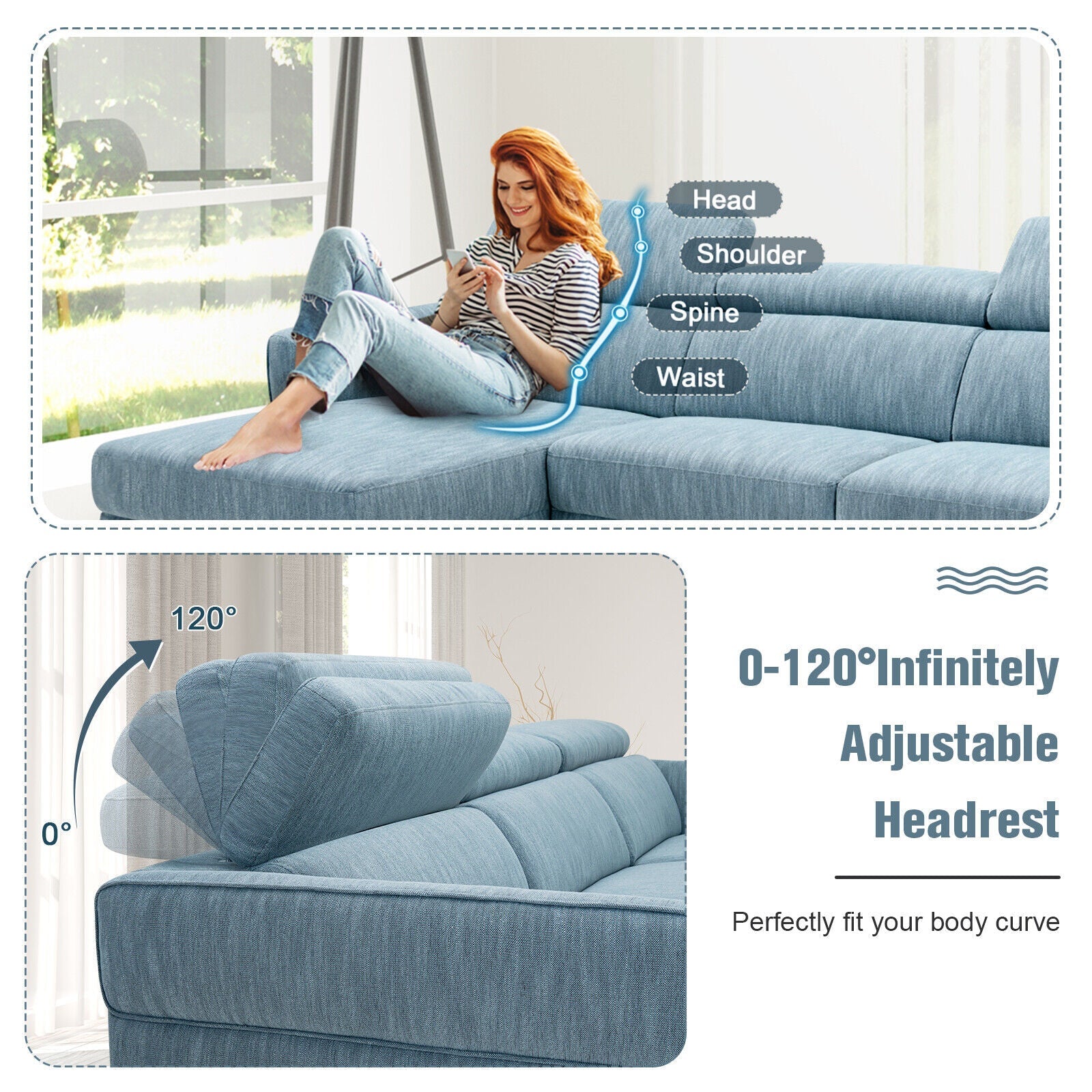 Costway 105" L-Shaped Sofa Couch w/ 3 Adjustable Headrests 32058967 New