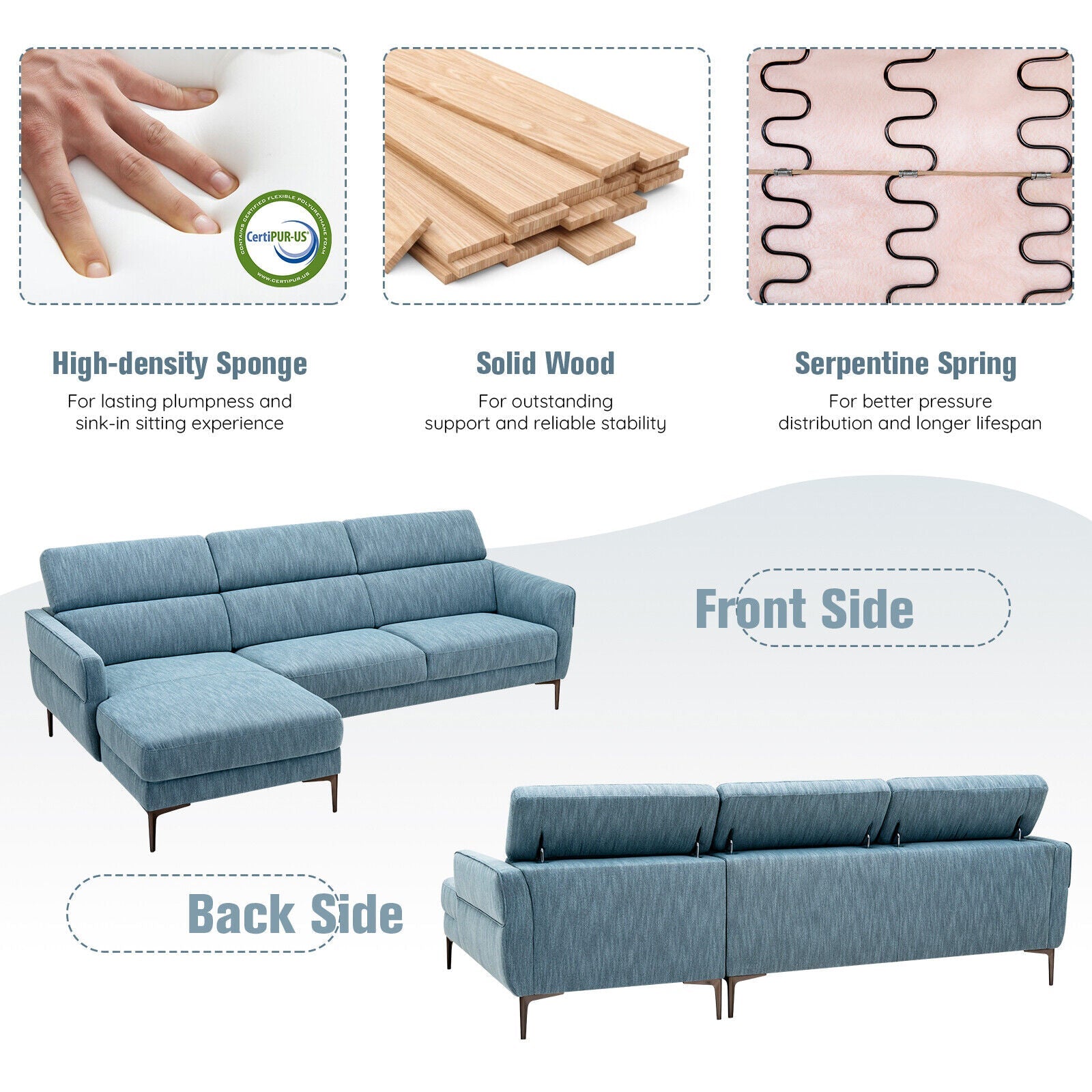 Costway 105" L-Shaped Sofa Couch w/ 3 Adjustable Headrests 32058967 New