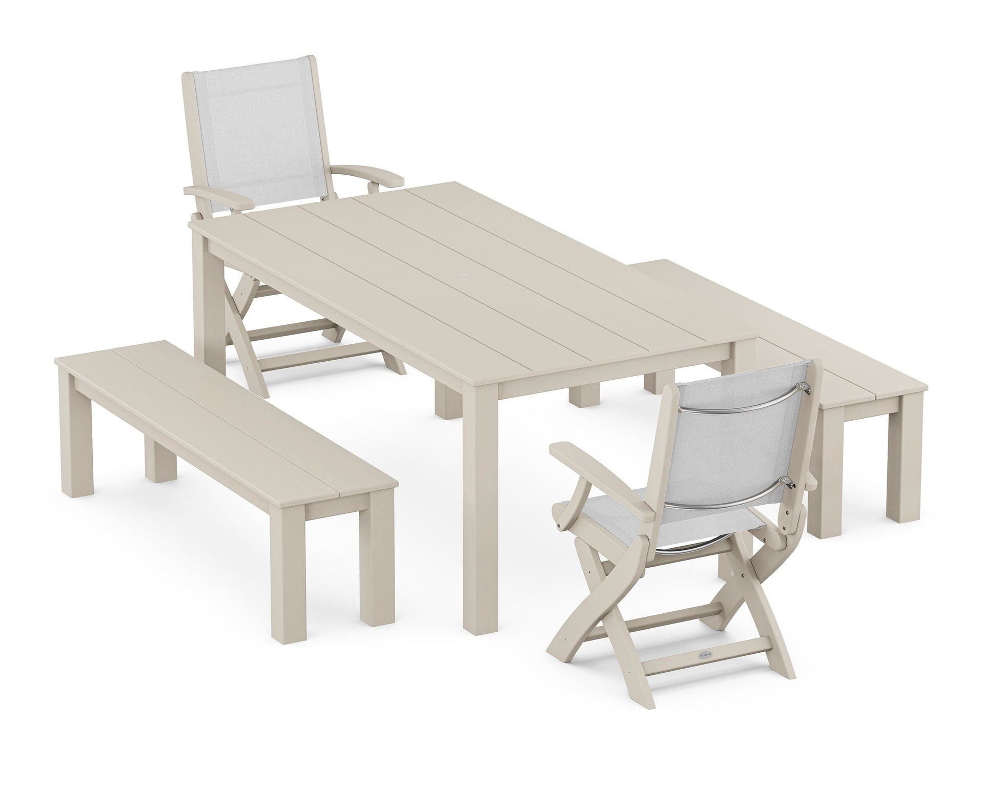 Coastal Folding Chair 5-Piece Parsons Dining Set with Benches