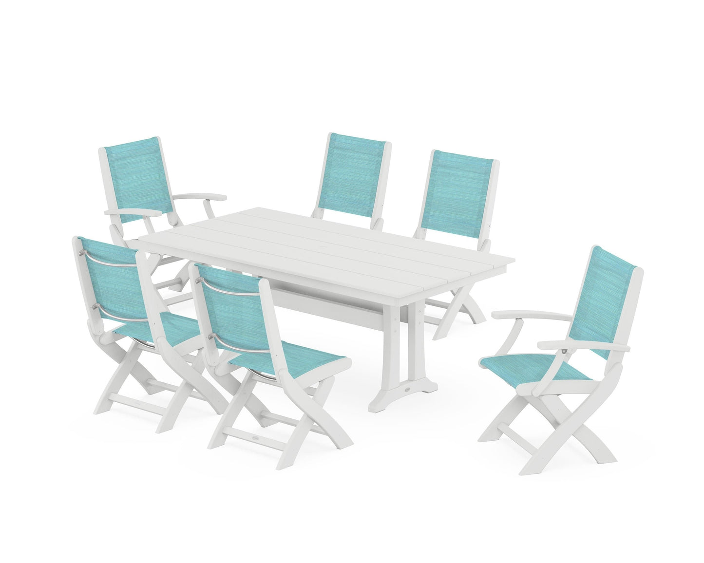 Coastal Folding Chair 7-Piece Farmhouse Dining Set with Trestle Legs