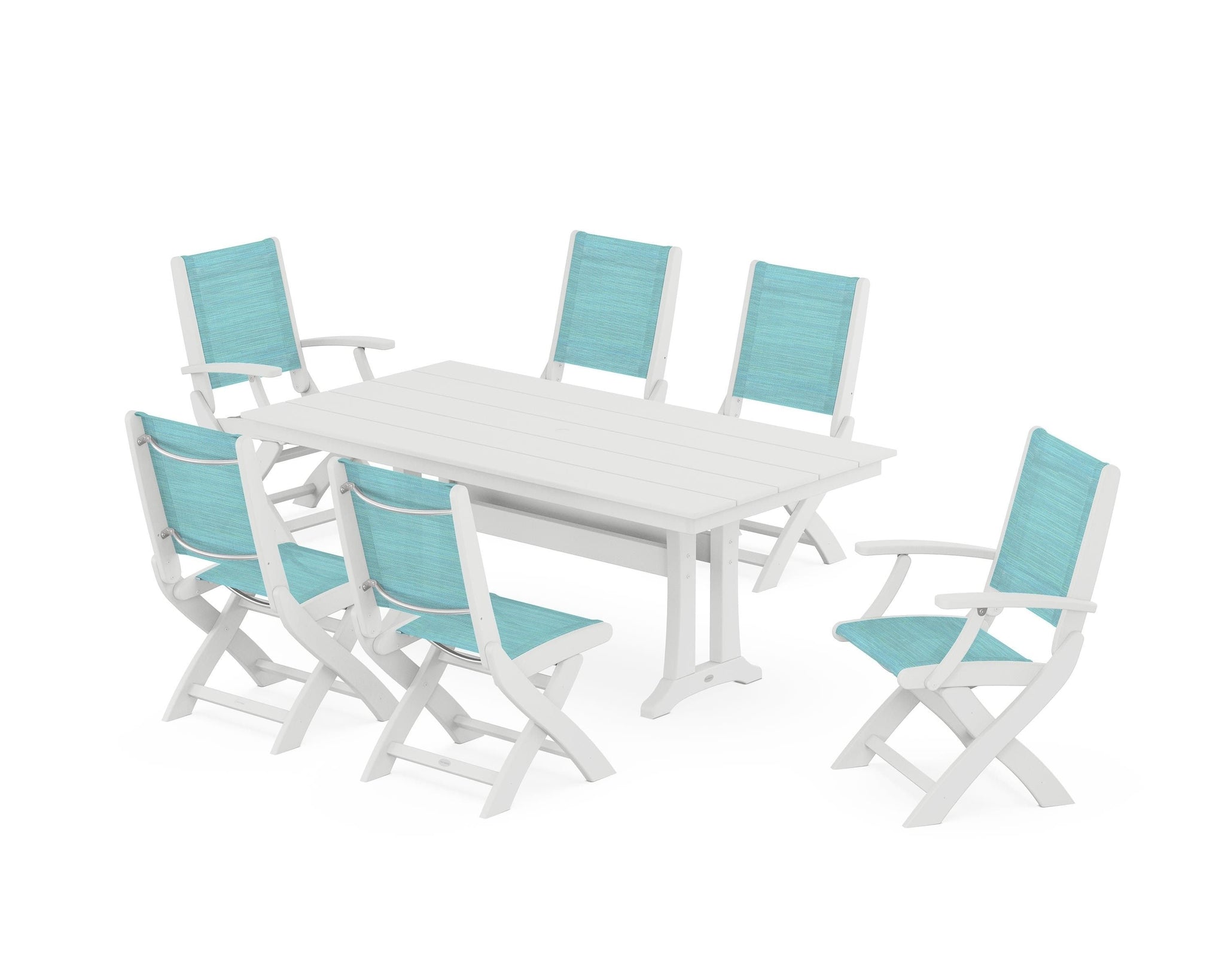 Coastal Folding Chair 7-Piece Farmhouse Dining Set with Trestle Legs