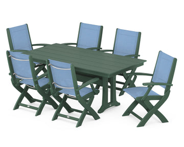 Coastal Folding Arm Chair 7-Piece Farmhouse Dining Set with Trestle Legs