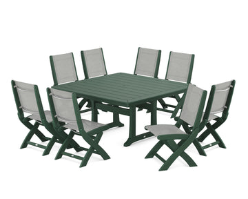 Coastal Folding Side Chair 9-Piece Dining Set with Trestle Legs