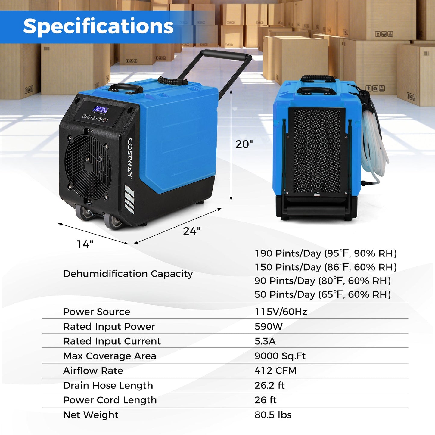 Costway 190 PPD Commercial Dehumidifier w/ Pump 2 Wheels 37891426 New