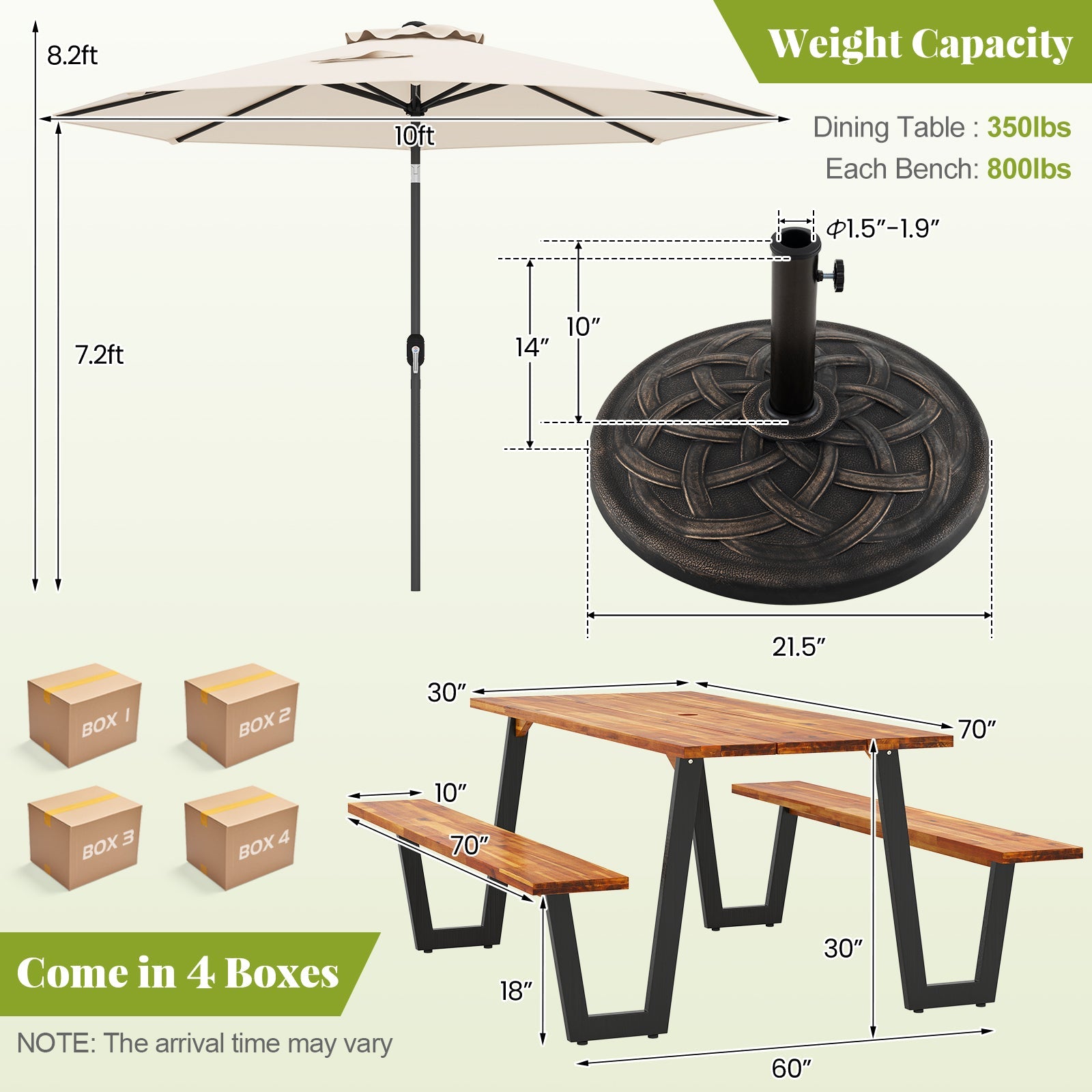 Costway 3-Pc Outdoor Dining Picnic Table Set for 6 w/ 10' Umbrella & Base 864295137 New