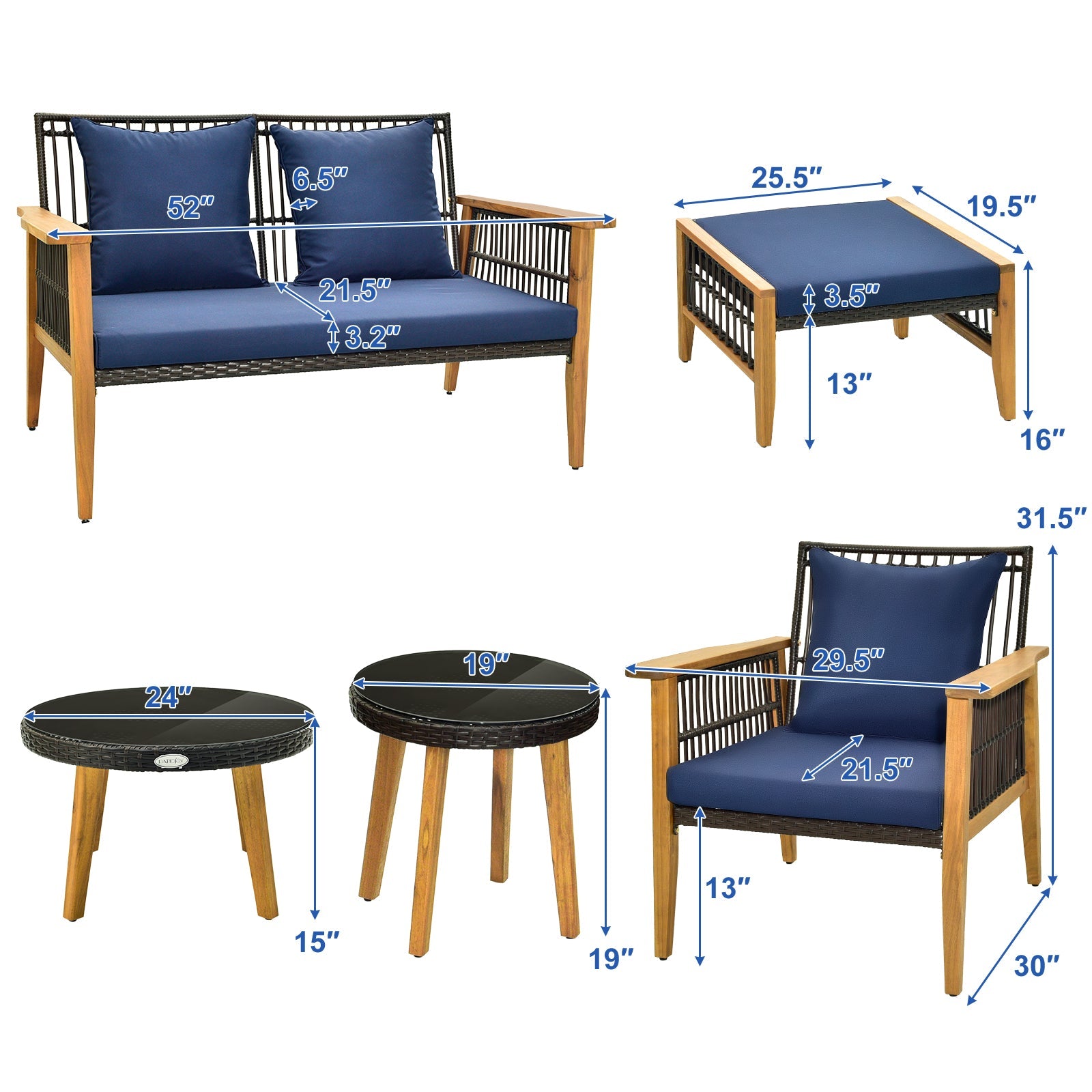 Costway 7-Piece Outdoor Conversation Set Acacia Wood Frame Navy Cushions 14378659 New