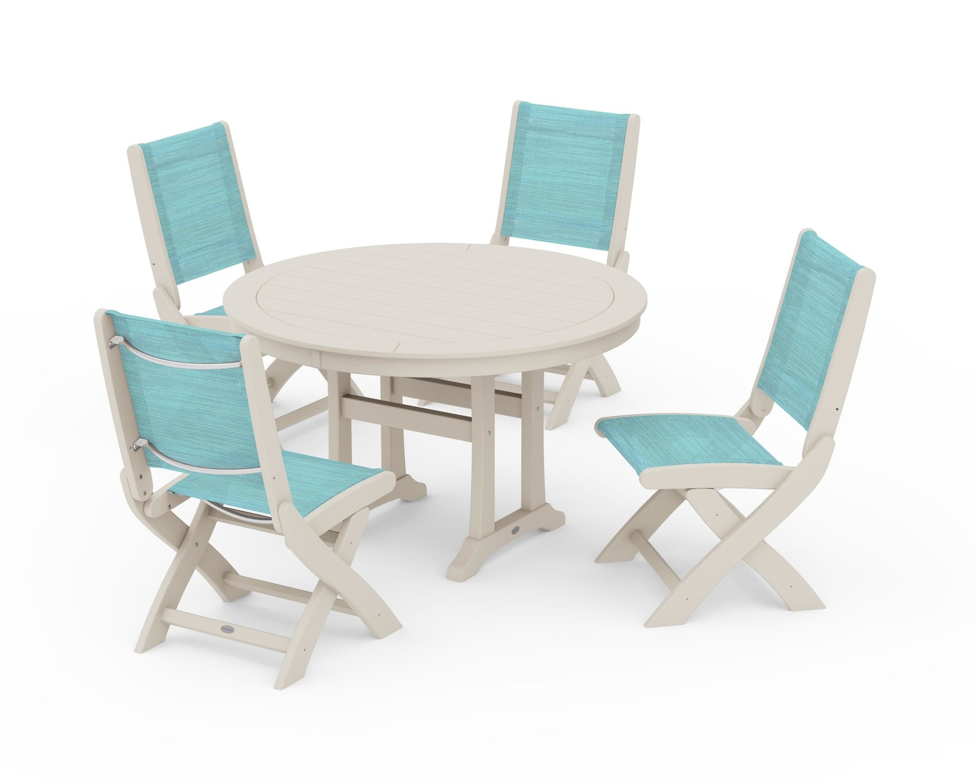 Coastal Folding Side Chair 5-Piece Round Dining Set With Trestle Legs