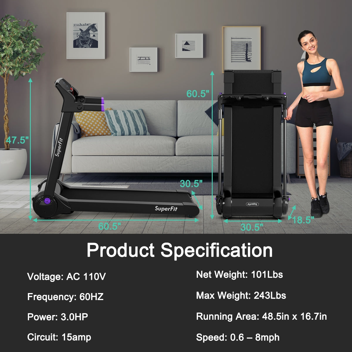 Costway 3HP Folding Electric Treadmill Bluetooth Speaker 58697023 New