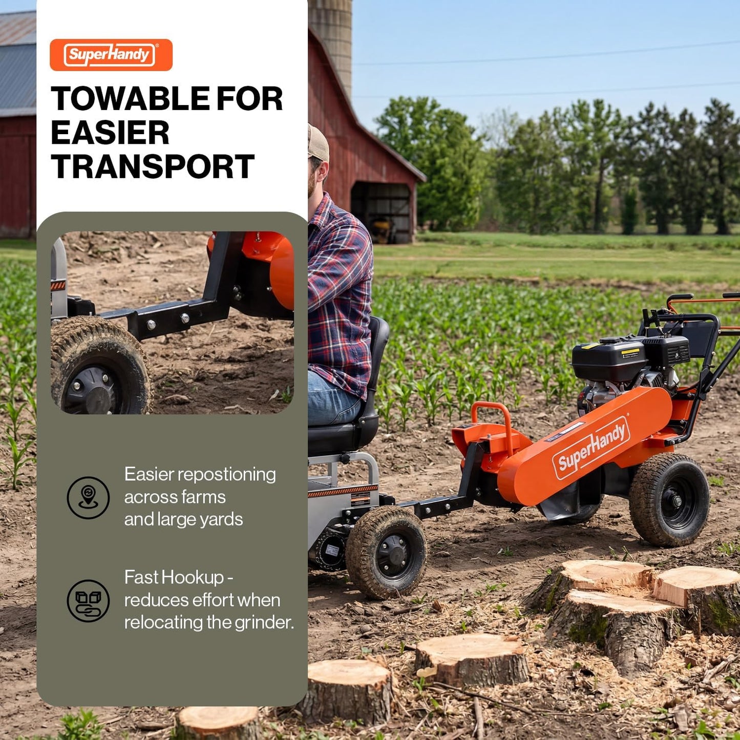 Super Handy GUO151 Stump Grinder 15 HP 420cc Gas Powered 8 Teeth Towable 13" Tires New