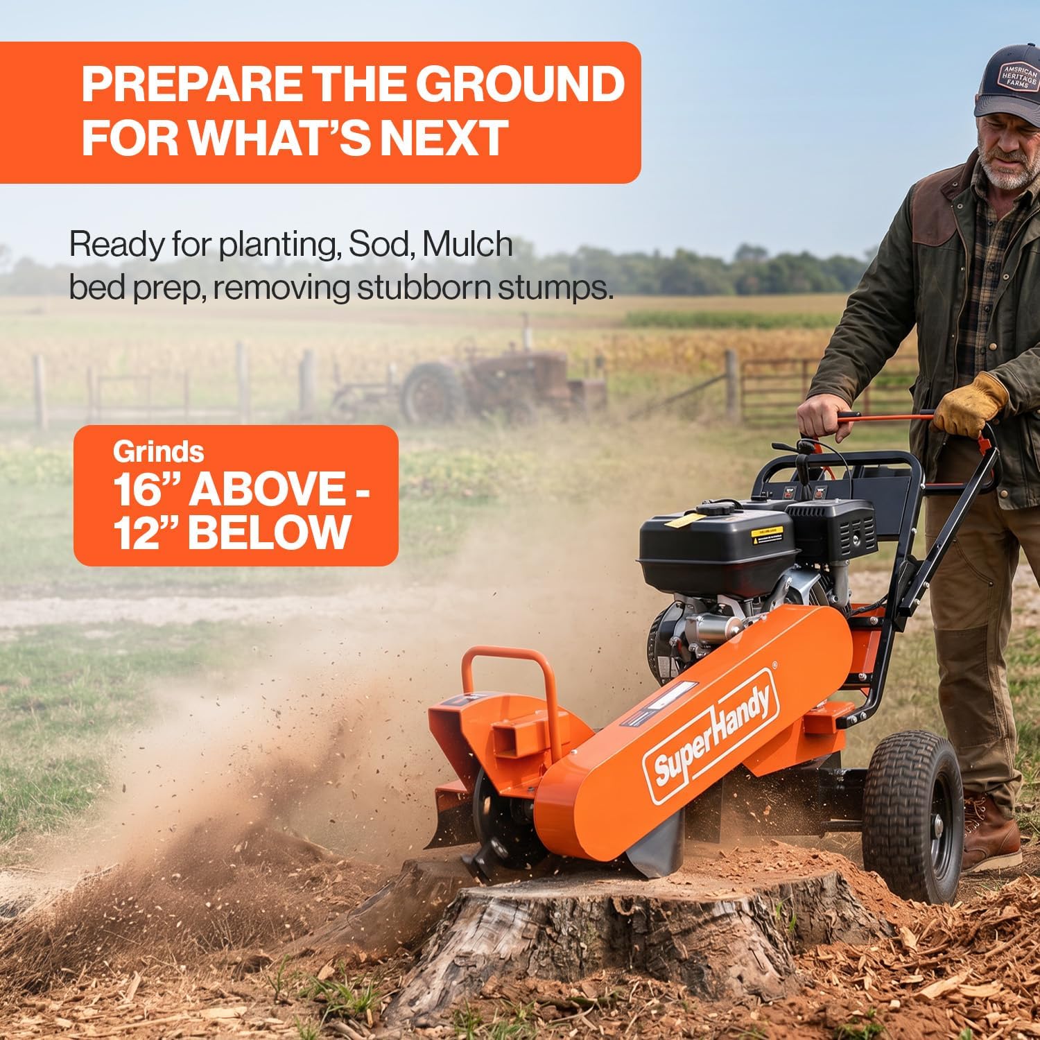 Super Handy GUO152 Stump Grinder 15 HP 420cc Gas Powered Sweep Function Electric Start New