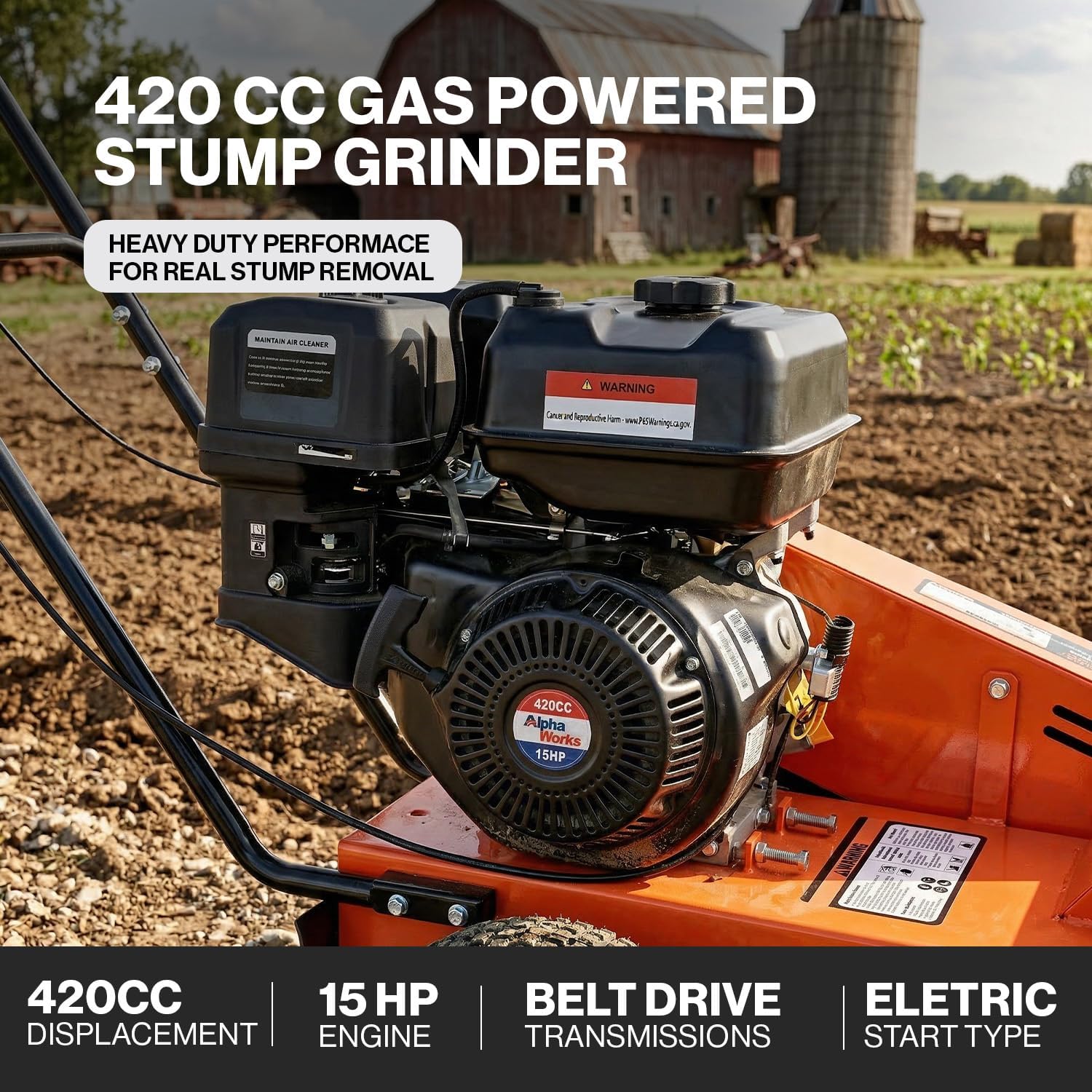 Super Handy GUO152 Stump Grinder 15 HP 420cc Gas Powered Sweep Function Electric Start New