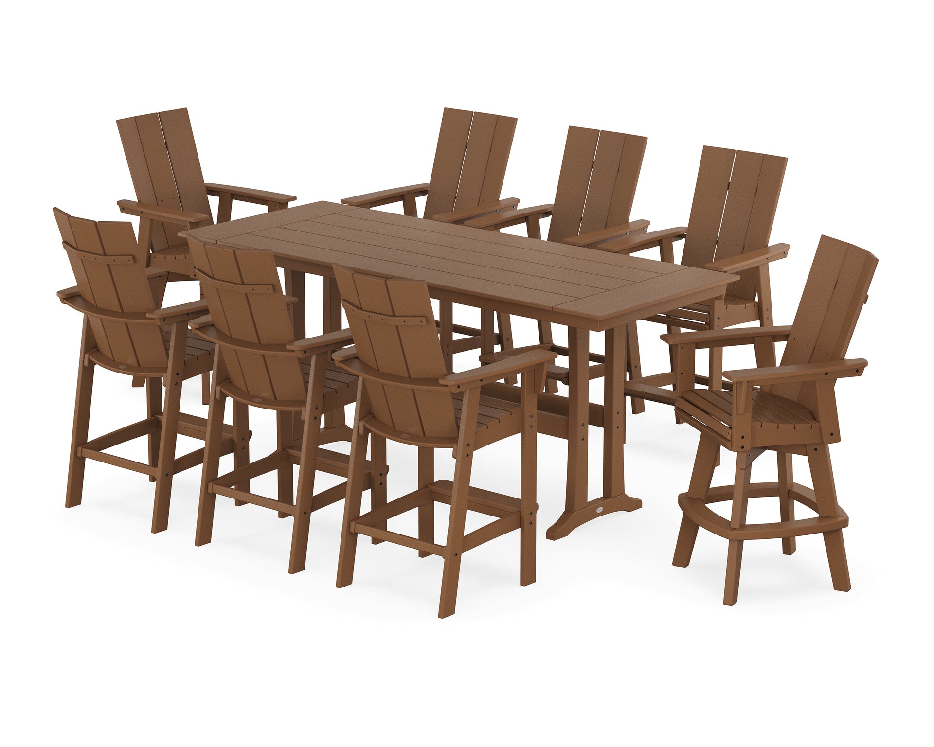 Modern Curveback Adirondack Swivel 9-Piece Farmhouse Bar Set with Trestle Legs