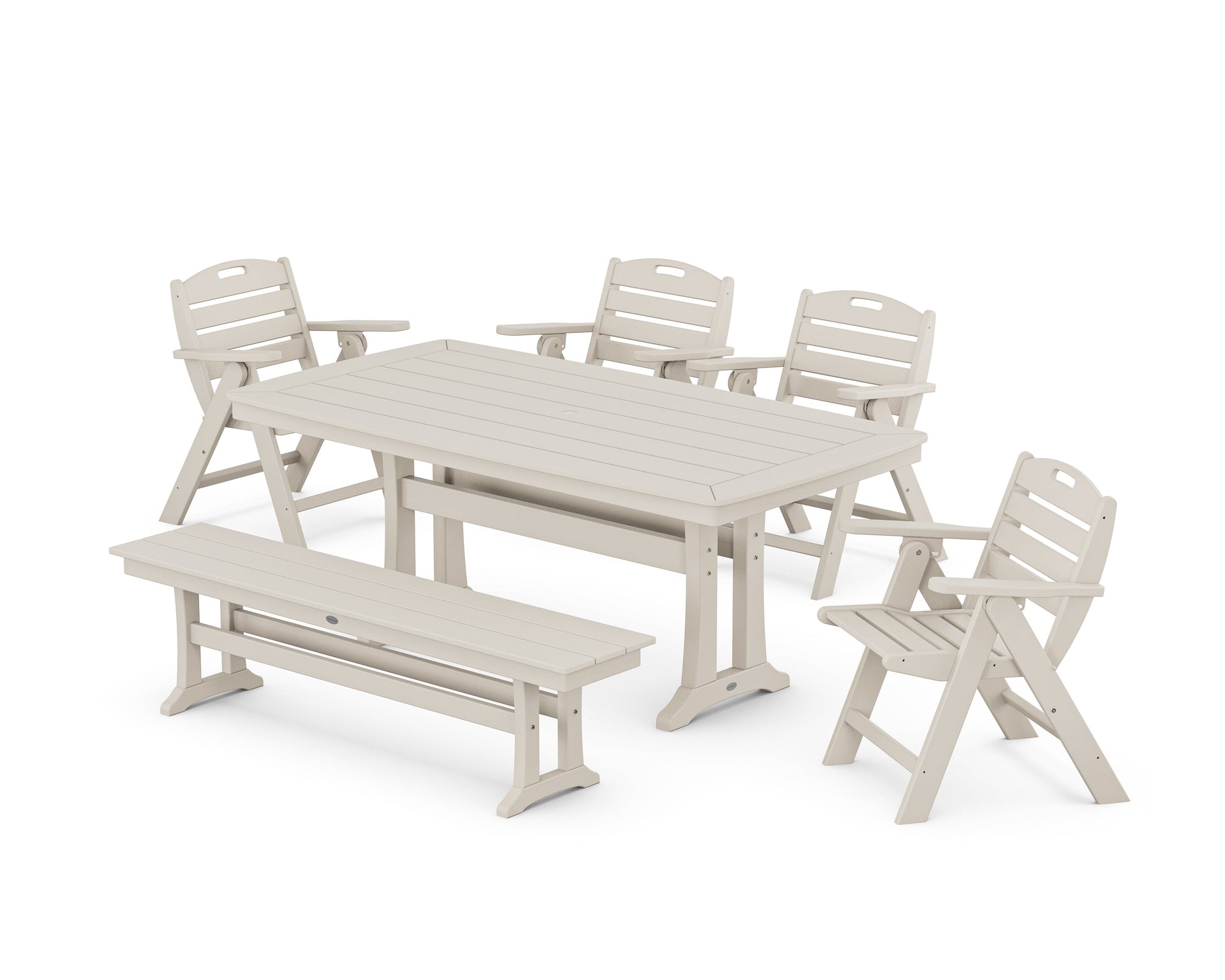 Nautical Lowback 6-Piece Dining Set with Trestle Legs and Bench