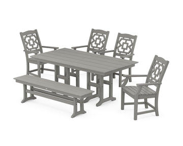 Chinoiserie 6-Piece Farmhouse Dining Set with Bench