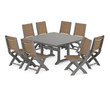 Coastal Folding Side Chair 9-Piece Dining Set with Trestle Legs