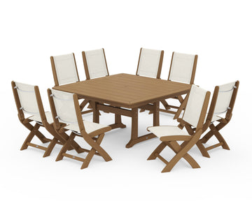 Coastal Folding Side Chair 9-Piece Dining Set with Trestle Legs