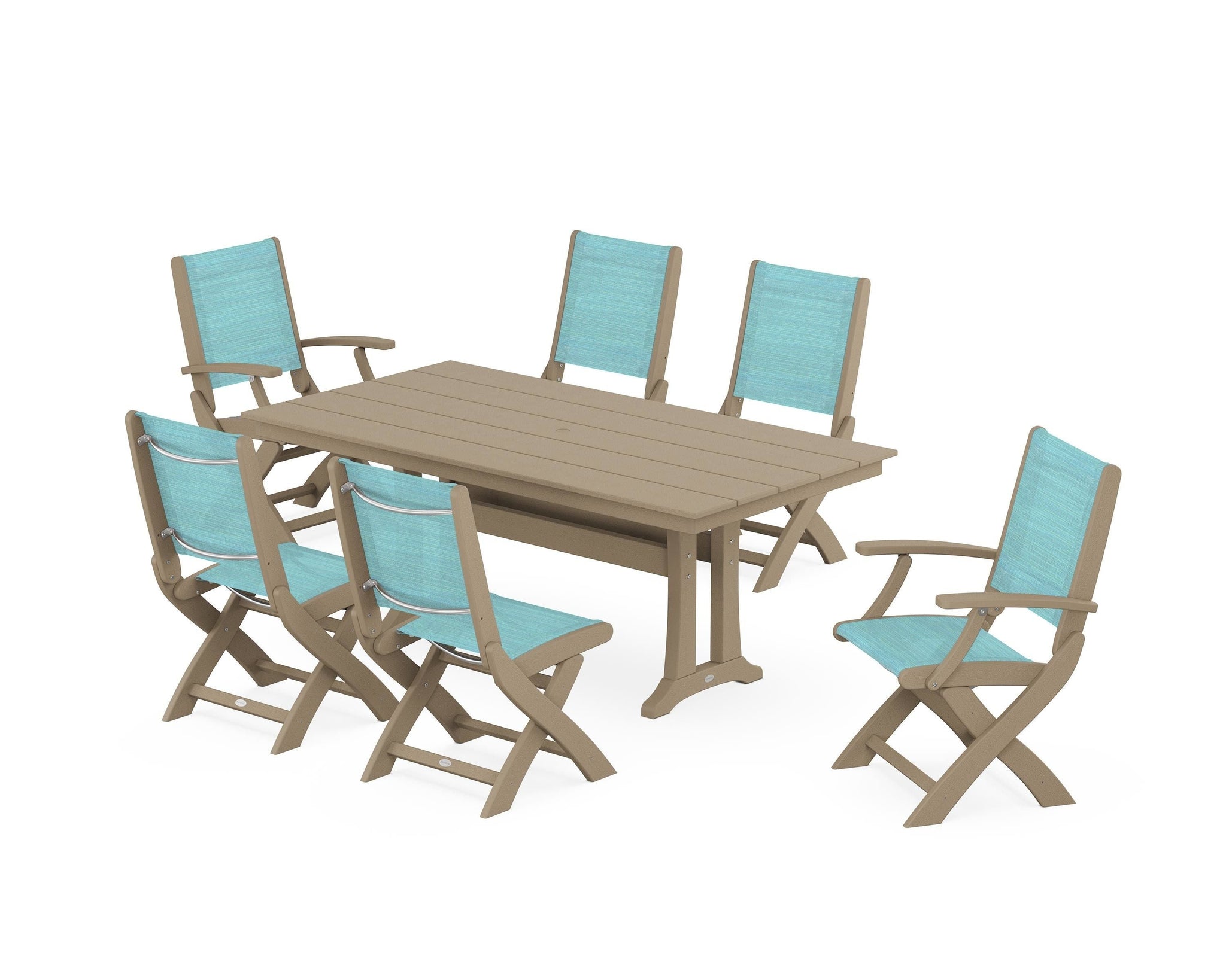 Coastal Folding Chair 7-Piece Farmhouse Dining Set with Trestle Legs