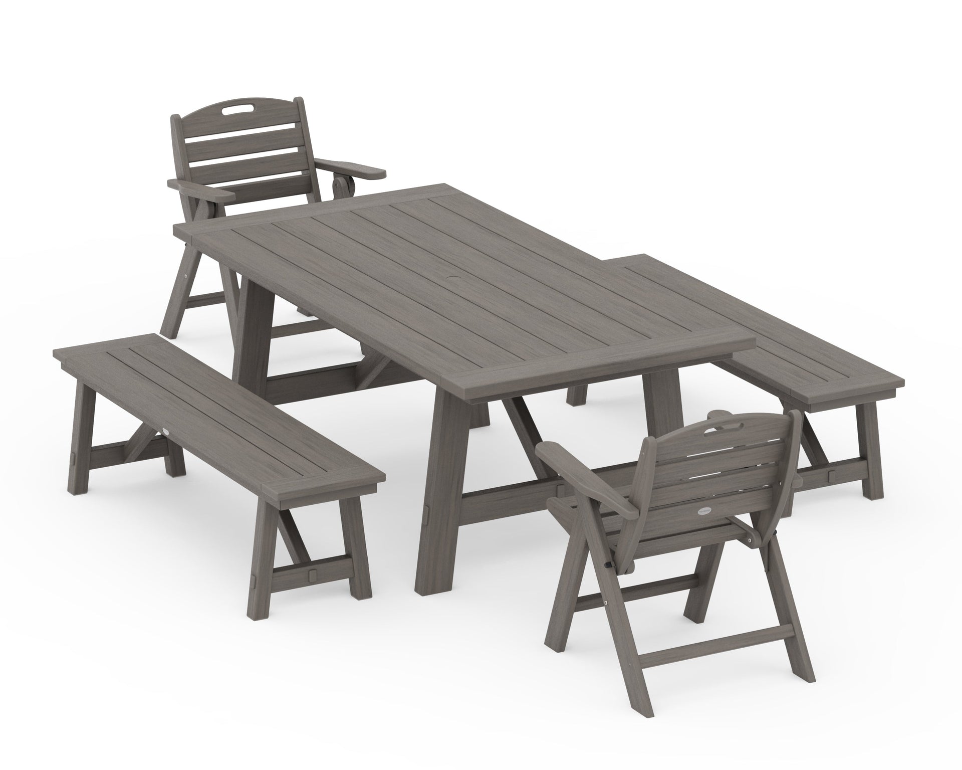Nautical Folding Lowback Chair 5-Piece Rustic Farmhouse Dining Set With Benches