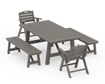 Nautical Folding Lowback Chair 5-Piece Rustic Farmhouse Dining Set With Benches