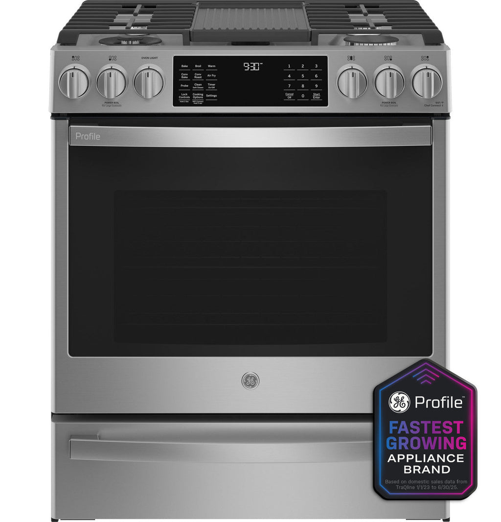 GE Profile™ 30" Smart Slide-In Front-Control Gas Fingerprint Resistant Range with No Preheat Air Fry