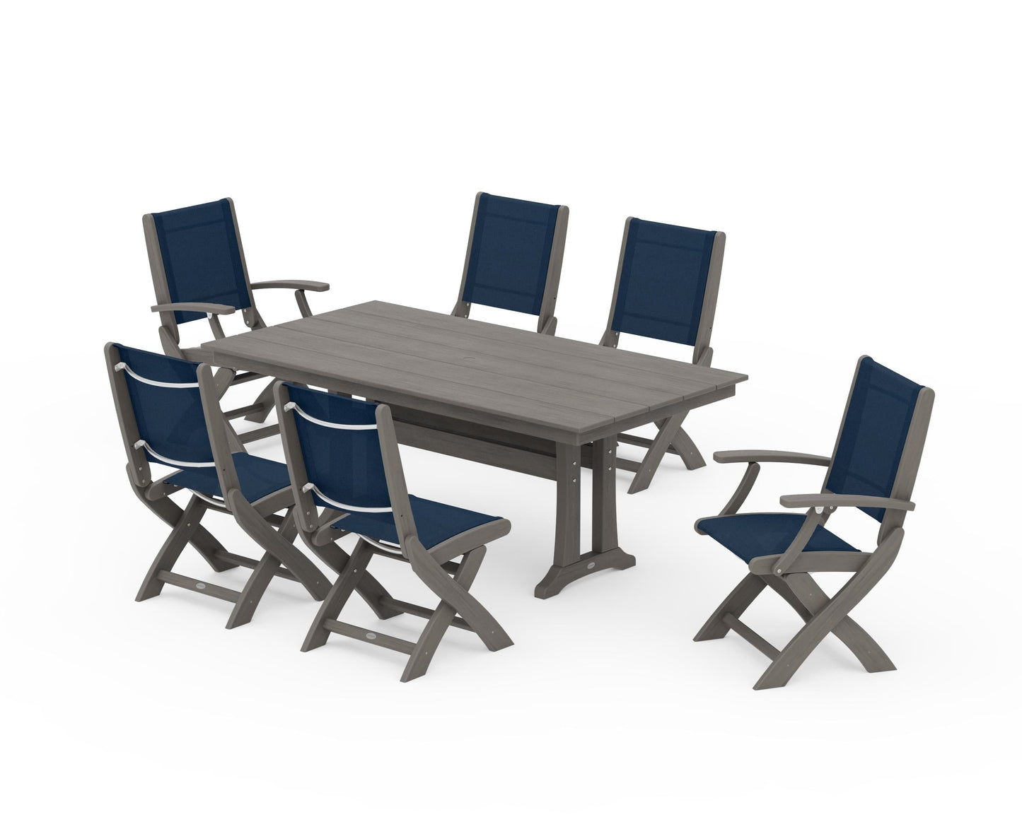 Coastal Folding Chair 7-Piece Farmhouse Dining Set with Trestle Legs