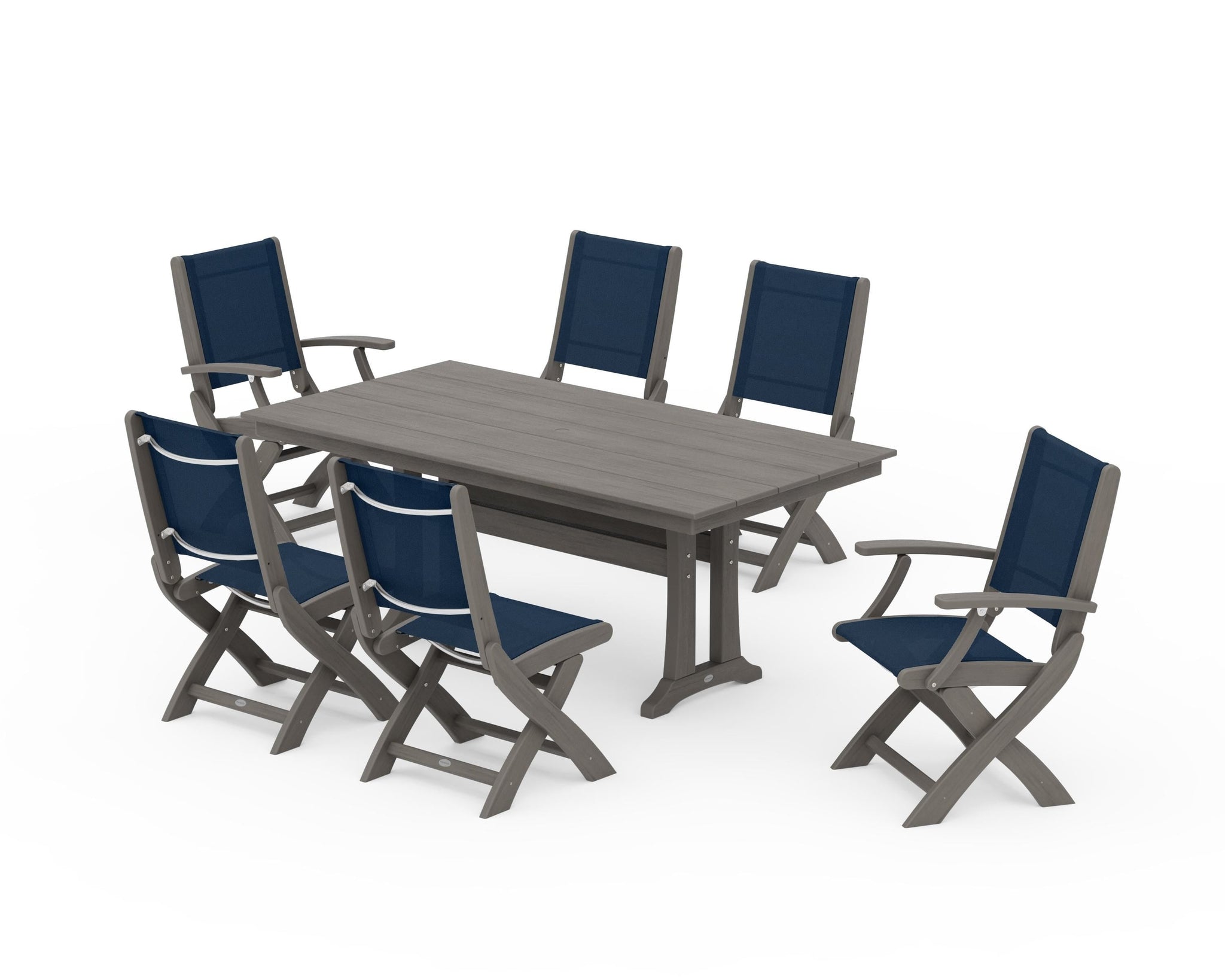 Coastal Folding Chair 7-Piece Farmhouse Dining Set with Trestle Legs