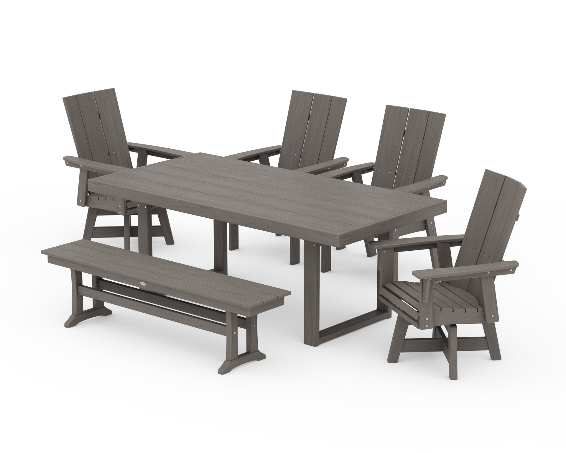 Modern Curveback Adirondack Swivel Chair 6-Piece Dining Set with Bench
