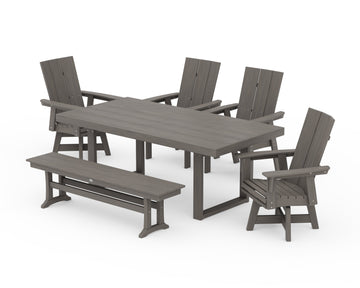 Modern Curveback Adirondack Swivel Chair 6-Piece Dining Set with Bench