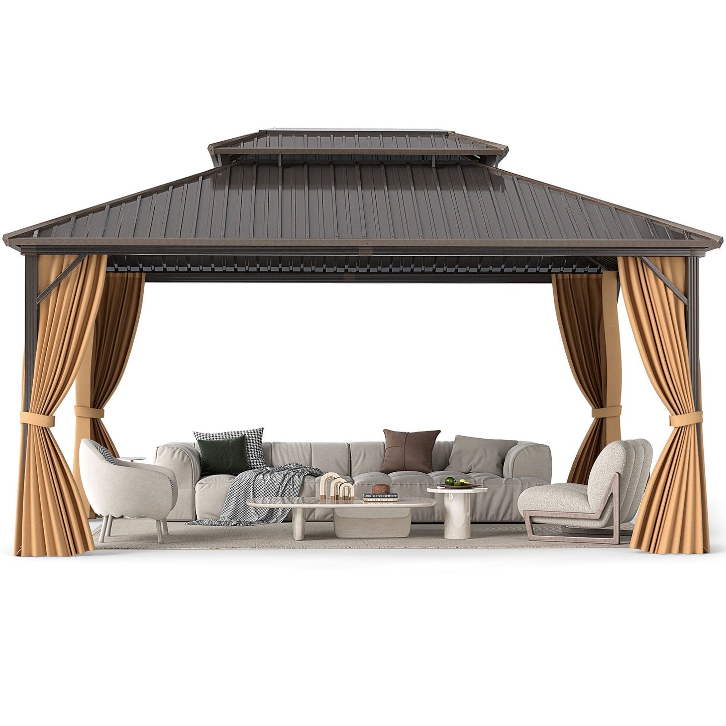 Costway 16' x 12' Hardtop Gazebo Aluminum Frame Pavilion w/ Curtains & Netting 59027442 New