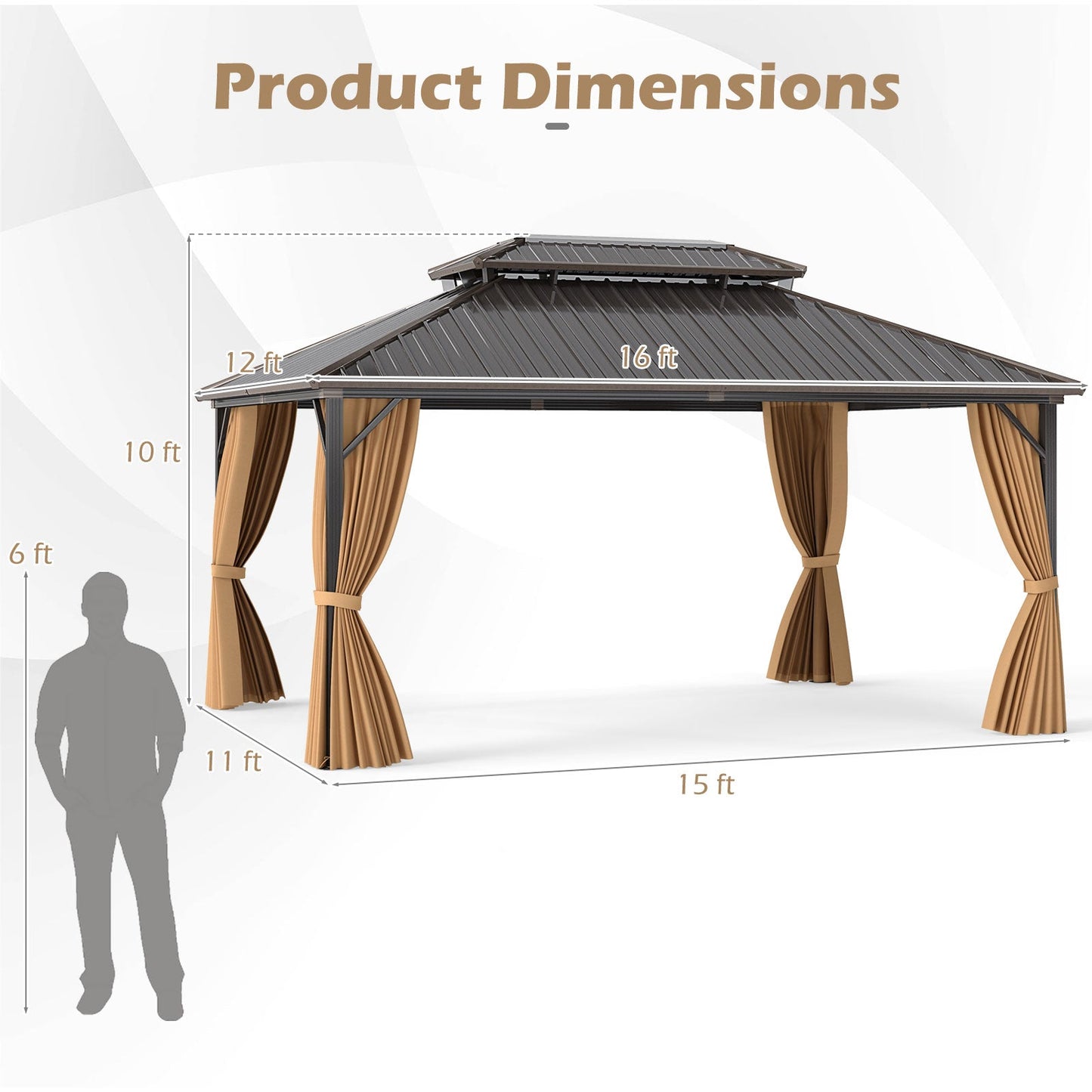 Costway 16' x 12' Hardtop Gazebo Aluminum Frame Pavilion w/ Curtains & Netting 59027442 New