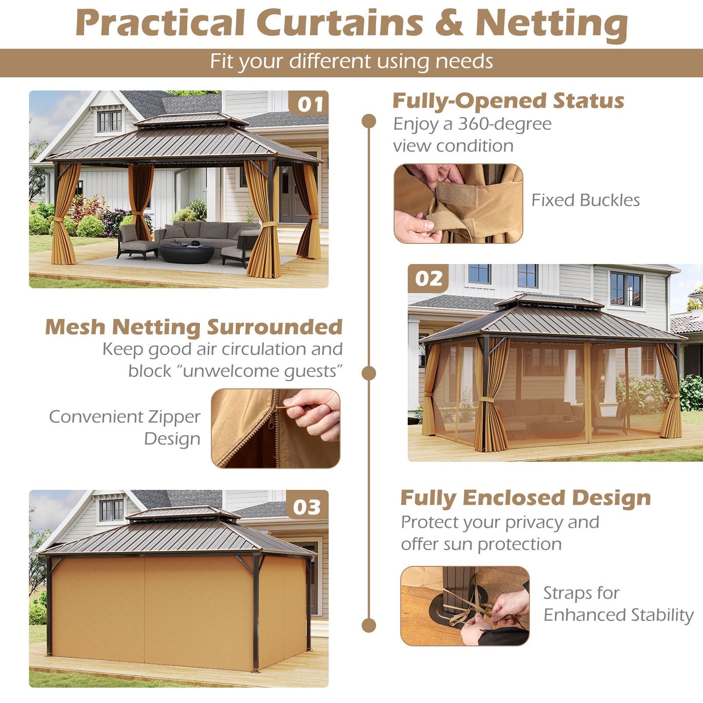 Costway 16' x 12' Hardtop Gazebo Aluminum Frame Pavilion w/ Curtains & Netting 59027442 New