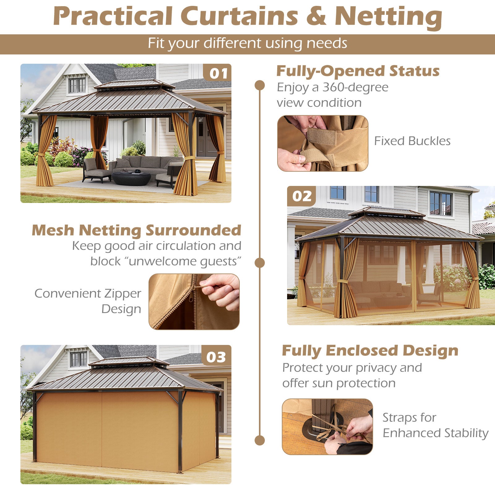 Costway 16' x 12' Hardtop Gazebo Aluminum Frame Pavilion w/ Curtains & Netting 59027442 New