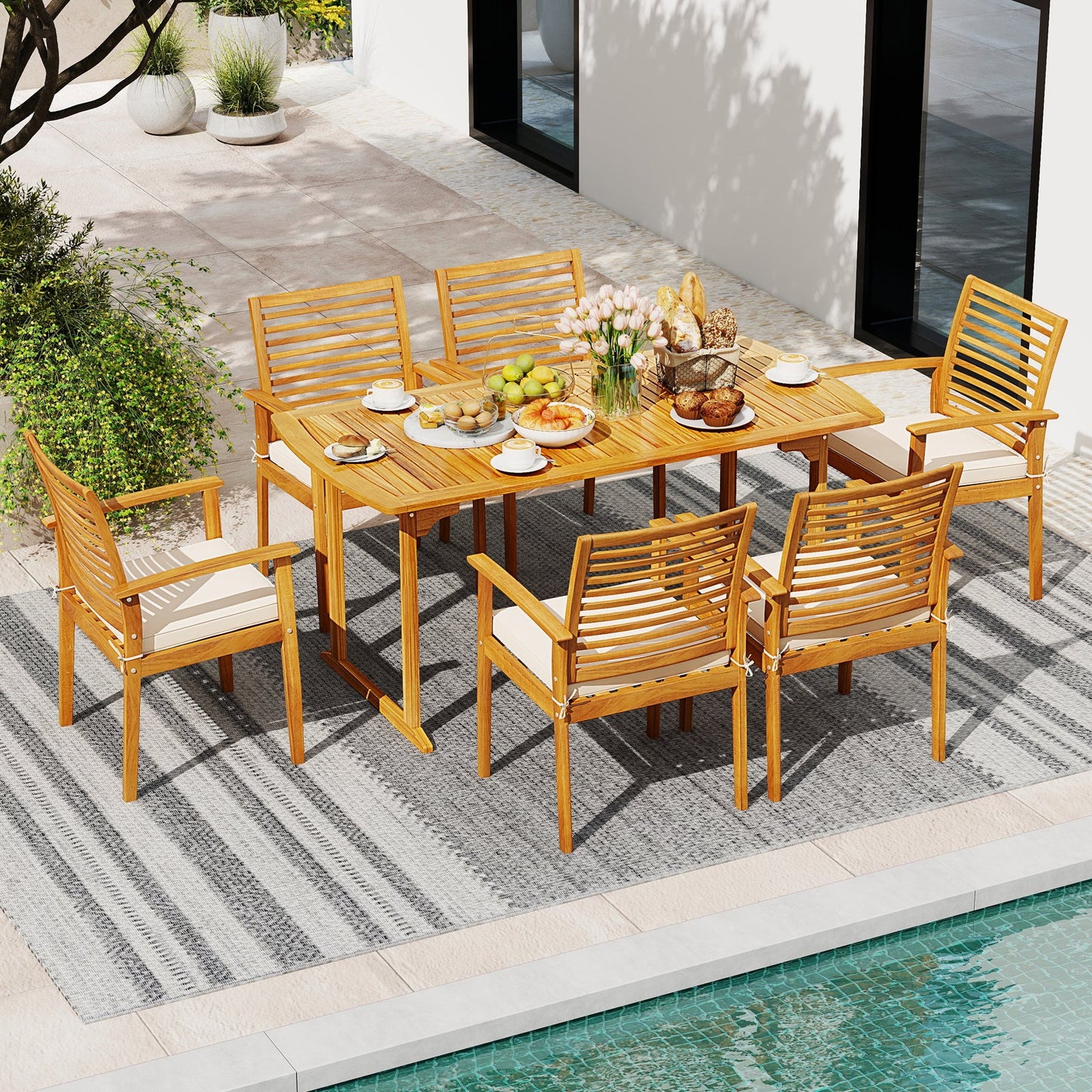 Costway 7-Piece Acacia Wood Patio Dining Set w/ Umbrella Hole 56942348 New