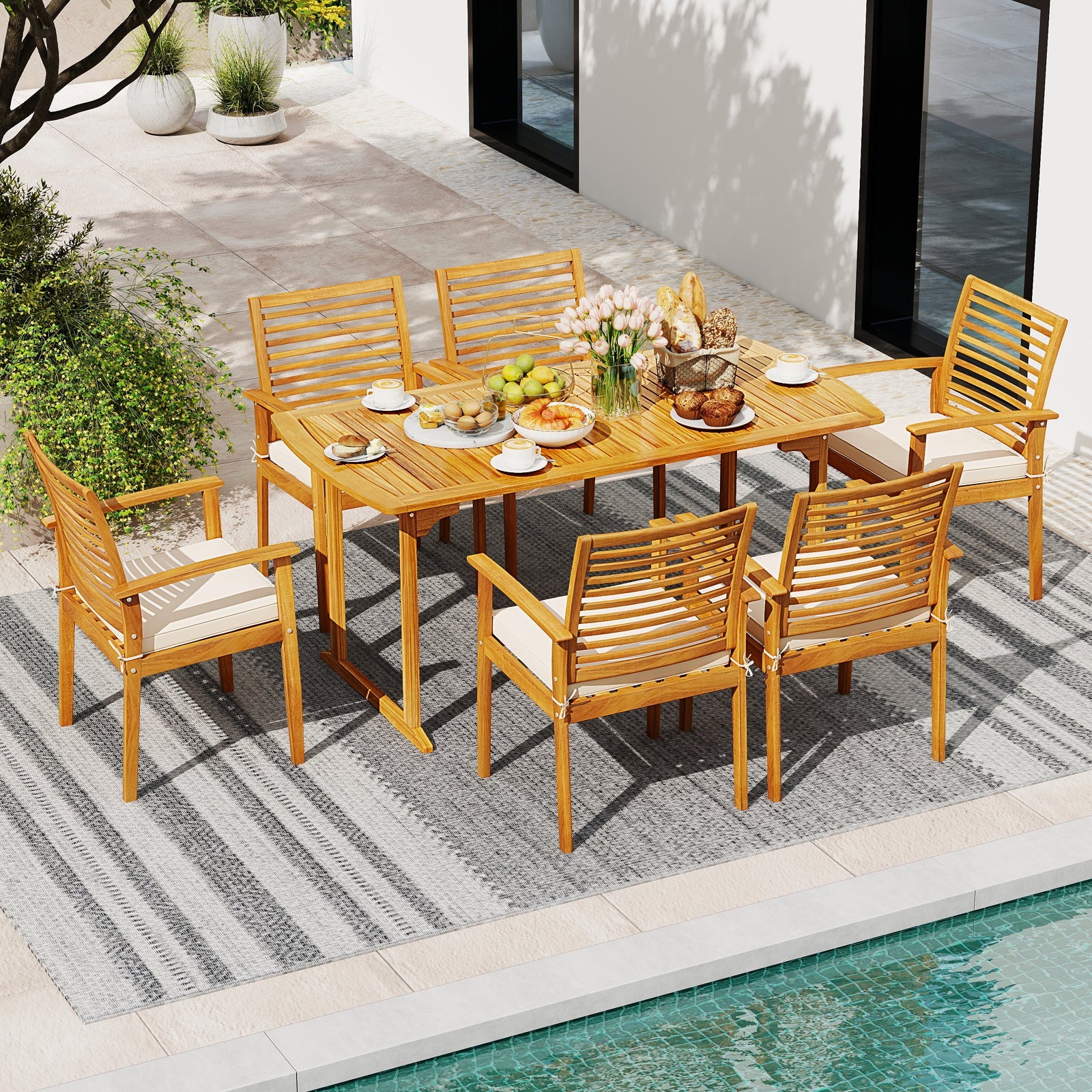 Costway 7-Piece Acacia Wood Patio Dining Set w/ Umbrella Hole 56942348 New