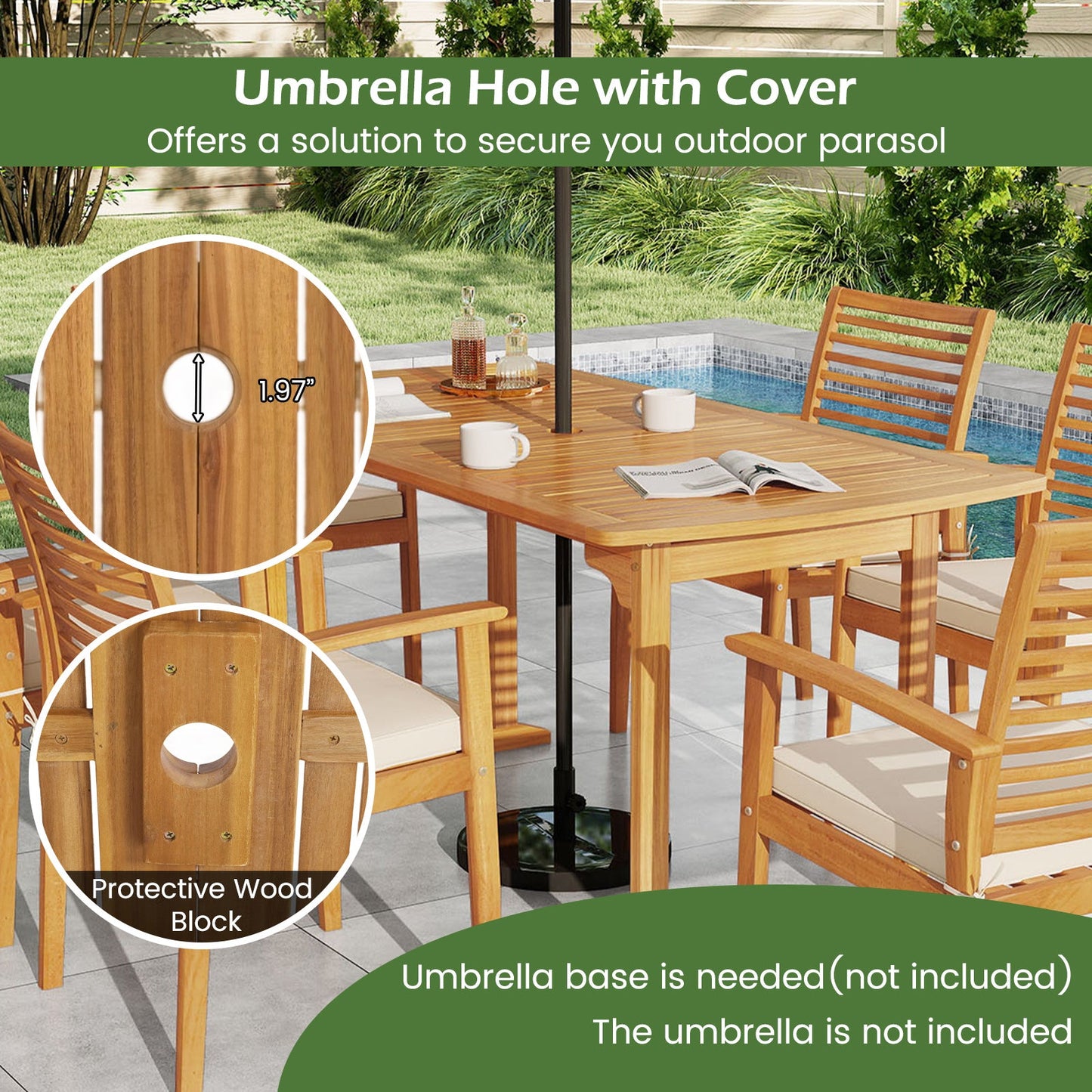Costway 7-Piece Acacia Wood Patio Dining Set w/ Umbrella Hole 56942348 New