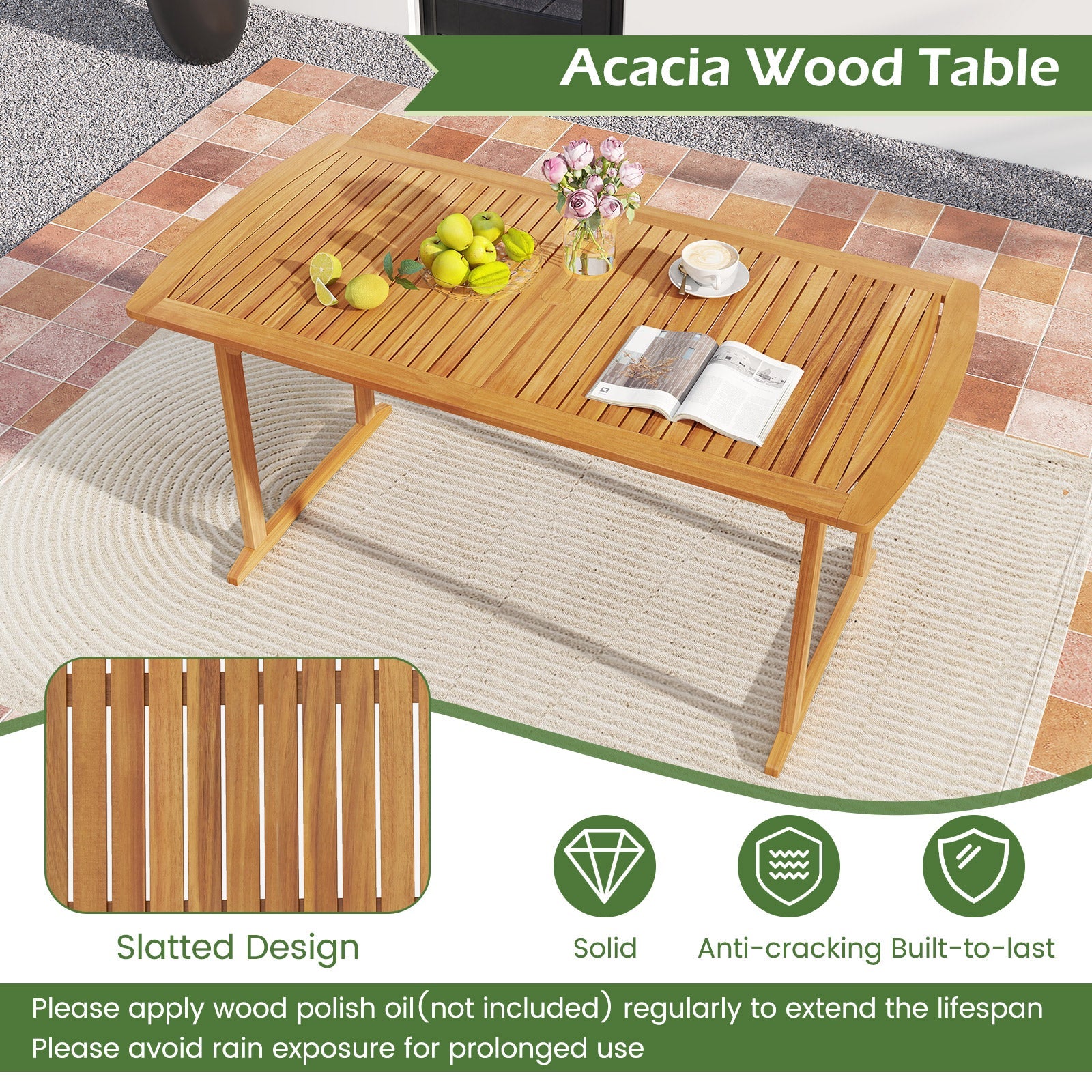 Costway 7-Piece Acacia Wood Patio Dining Set w/ Umbrella Hole 56942348 New