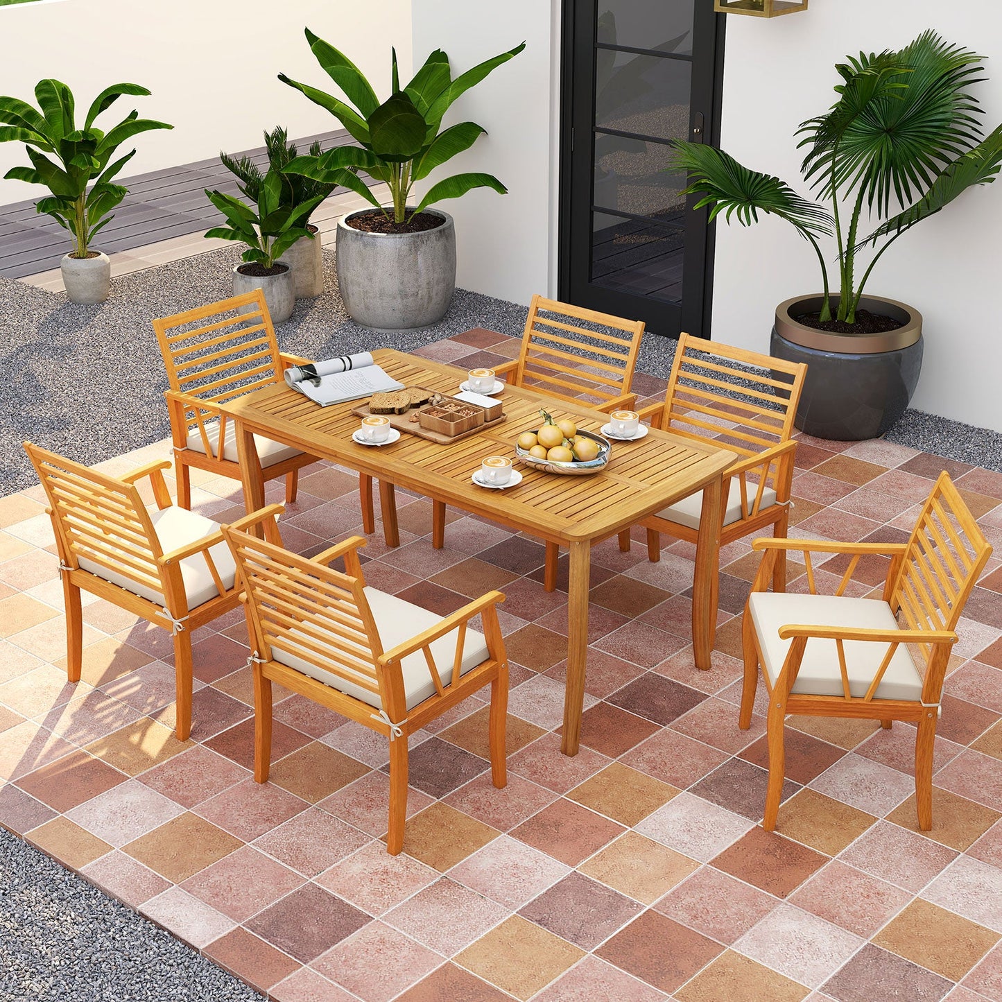 Costway 7-Piece Acacia Wood Patio Dining Set w/ 1.97" Umbrella Hole & Padded Cushions 19502425 New
