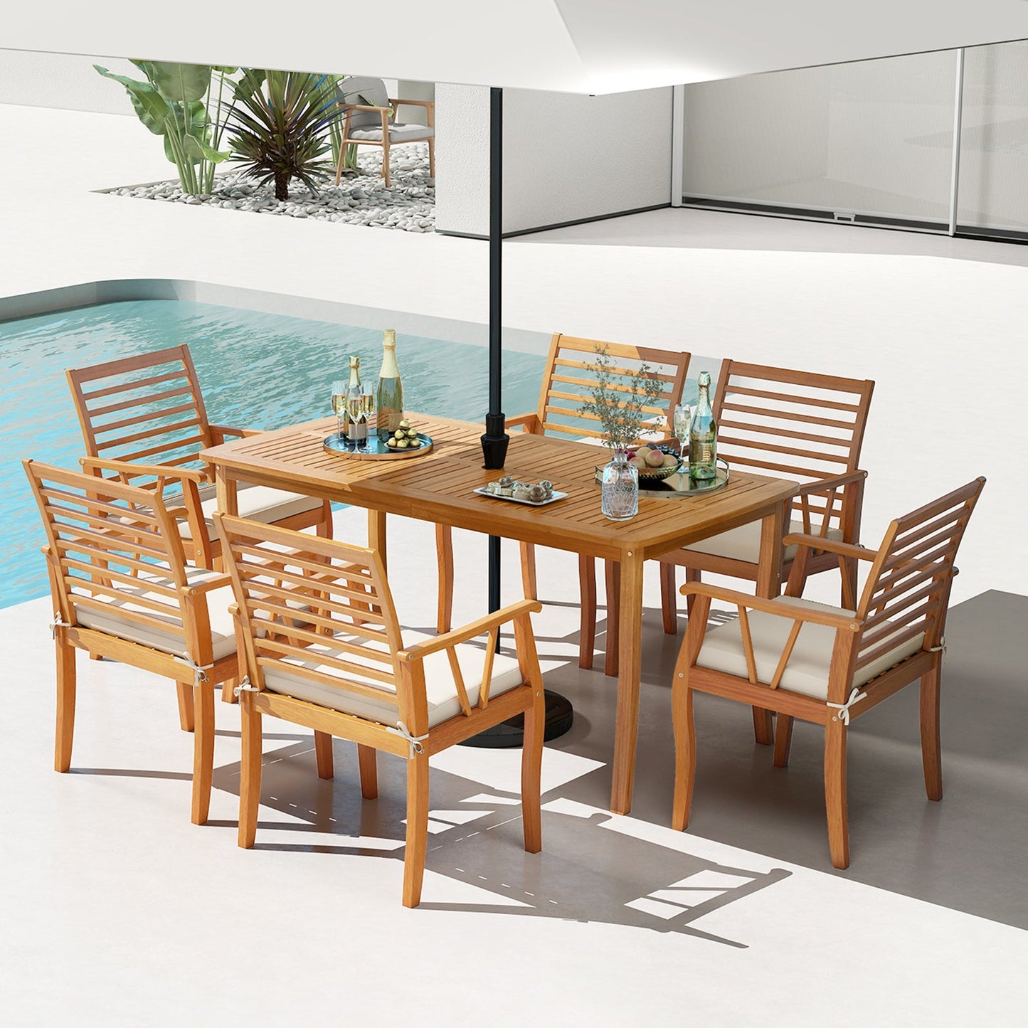 Costway 7-Piece Acacia Wood Patio Dining Set w/ 1.97" Umbrella Hole & Padded Cushions 19502425 New