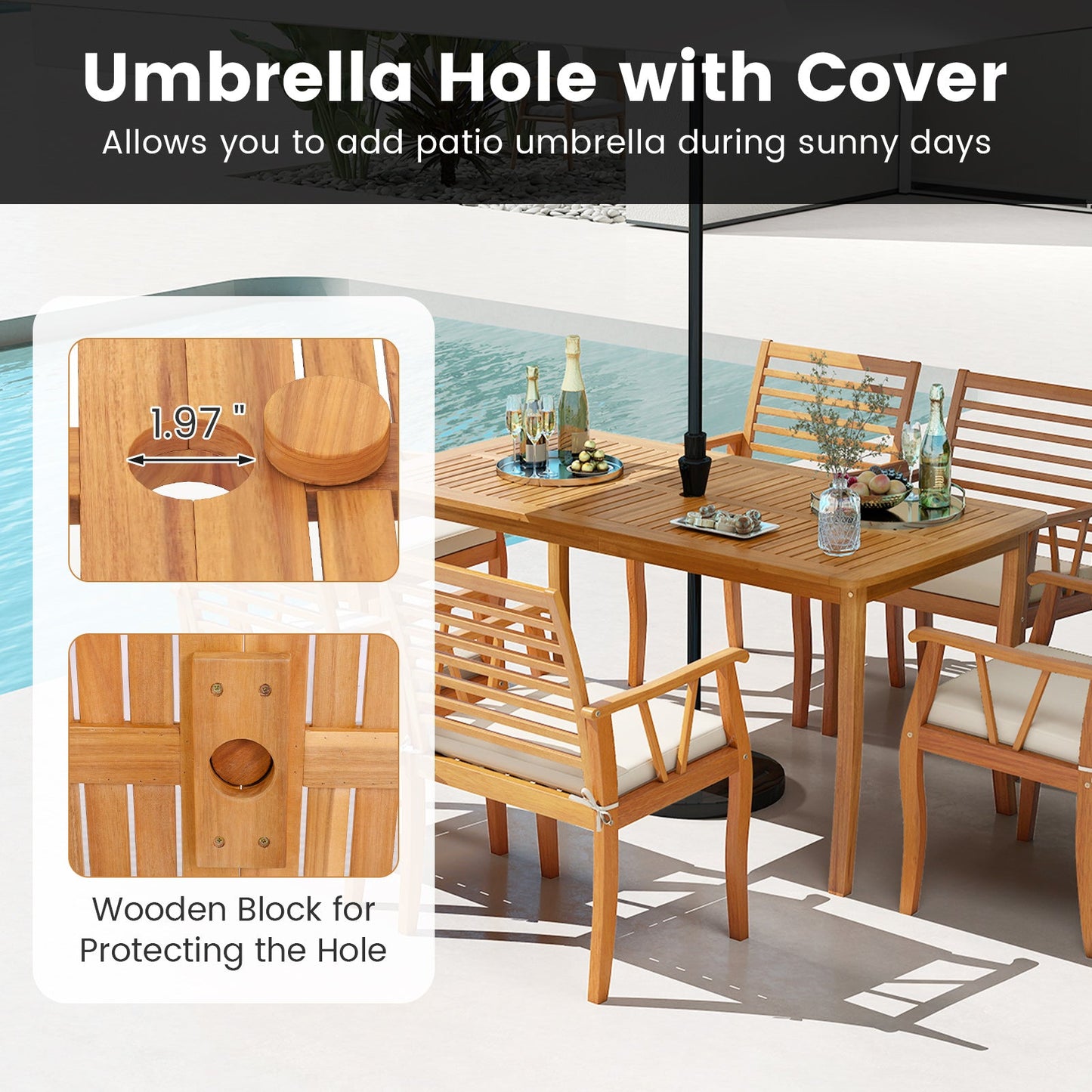 Costway 7-Piece Acacia Wood Patio Dining Set w/ 1.97" Umbrella Hole & Padded Cushions 19502425 New