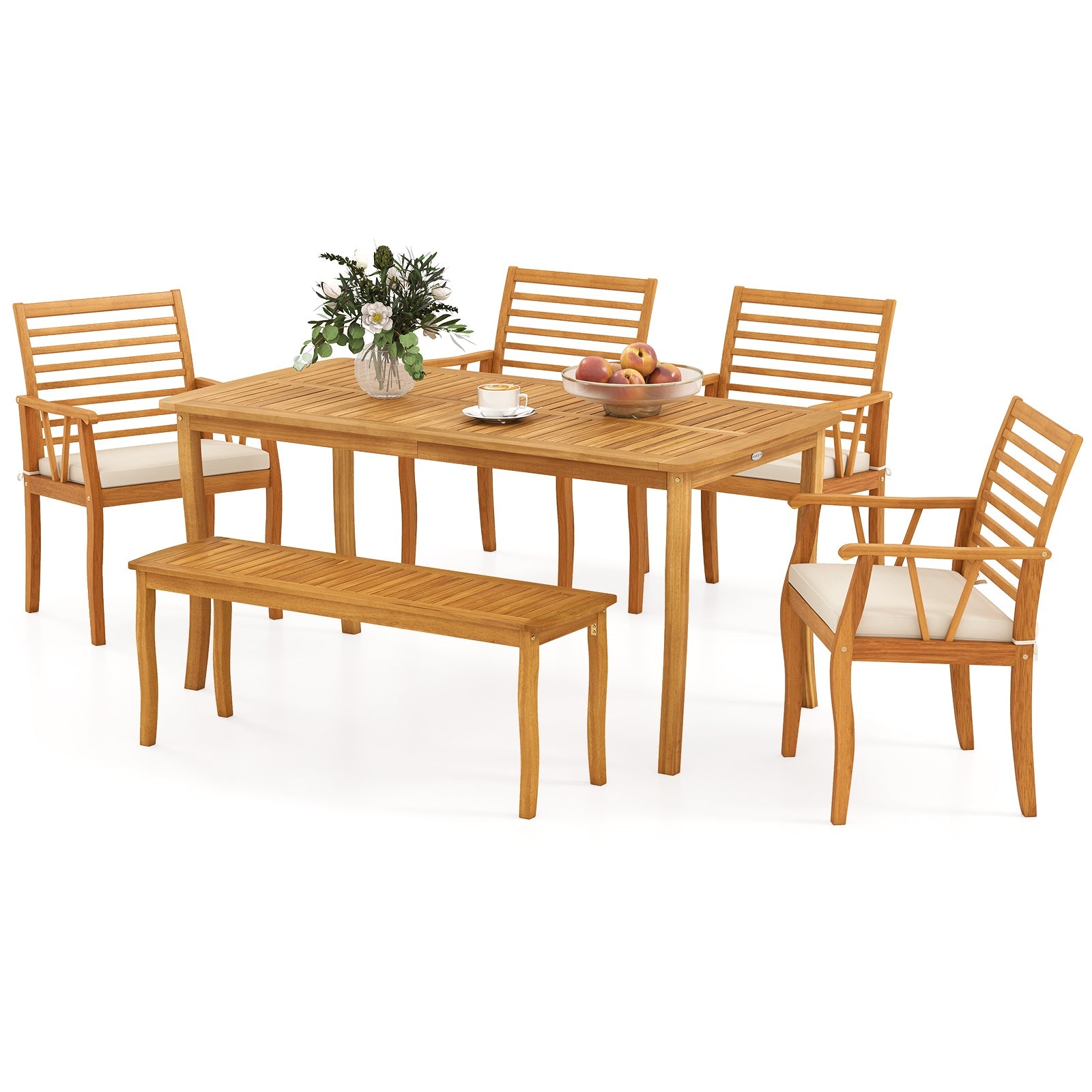 Costway Acacia Wood Outdoor Dining Table Bench Chairs Set 1.97" Umbrella Hole 80948333 New