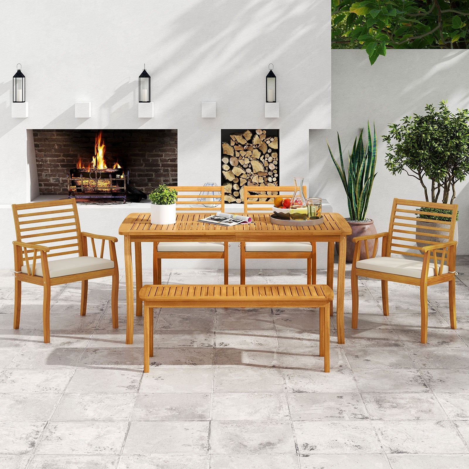Costway Acacia Wood Outdoor Dining Table Bench Chairs Set 1.97" Umbrella Hole 80948333 New