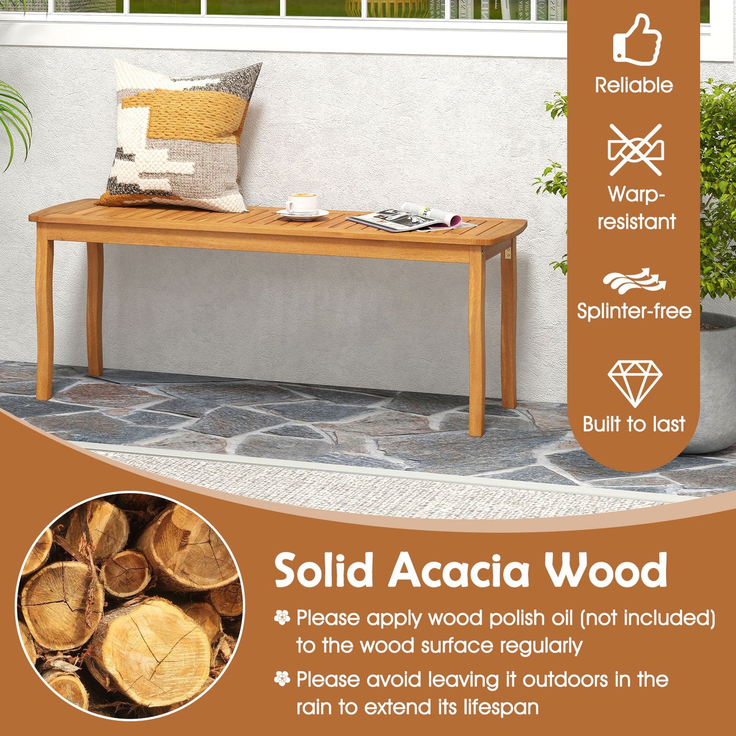 Costway Acacia Wood Outdoor Dining Table Bench Chairs Set 1.97" Umbrella Hole 80948333 New