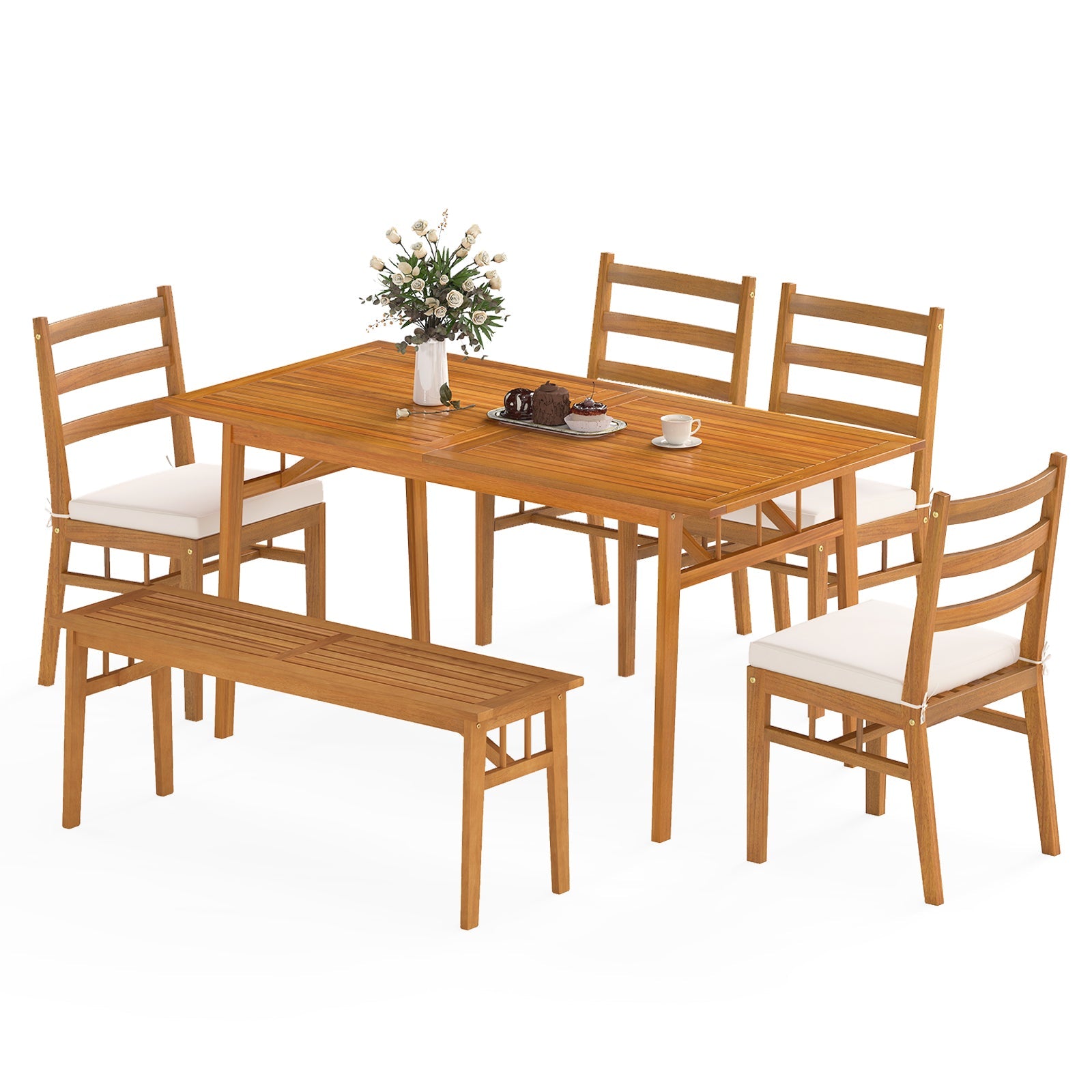 Costway 6-Piece Patio Acacia Wood Dining Set Bench Rectangular Table Chairs 10348287 New