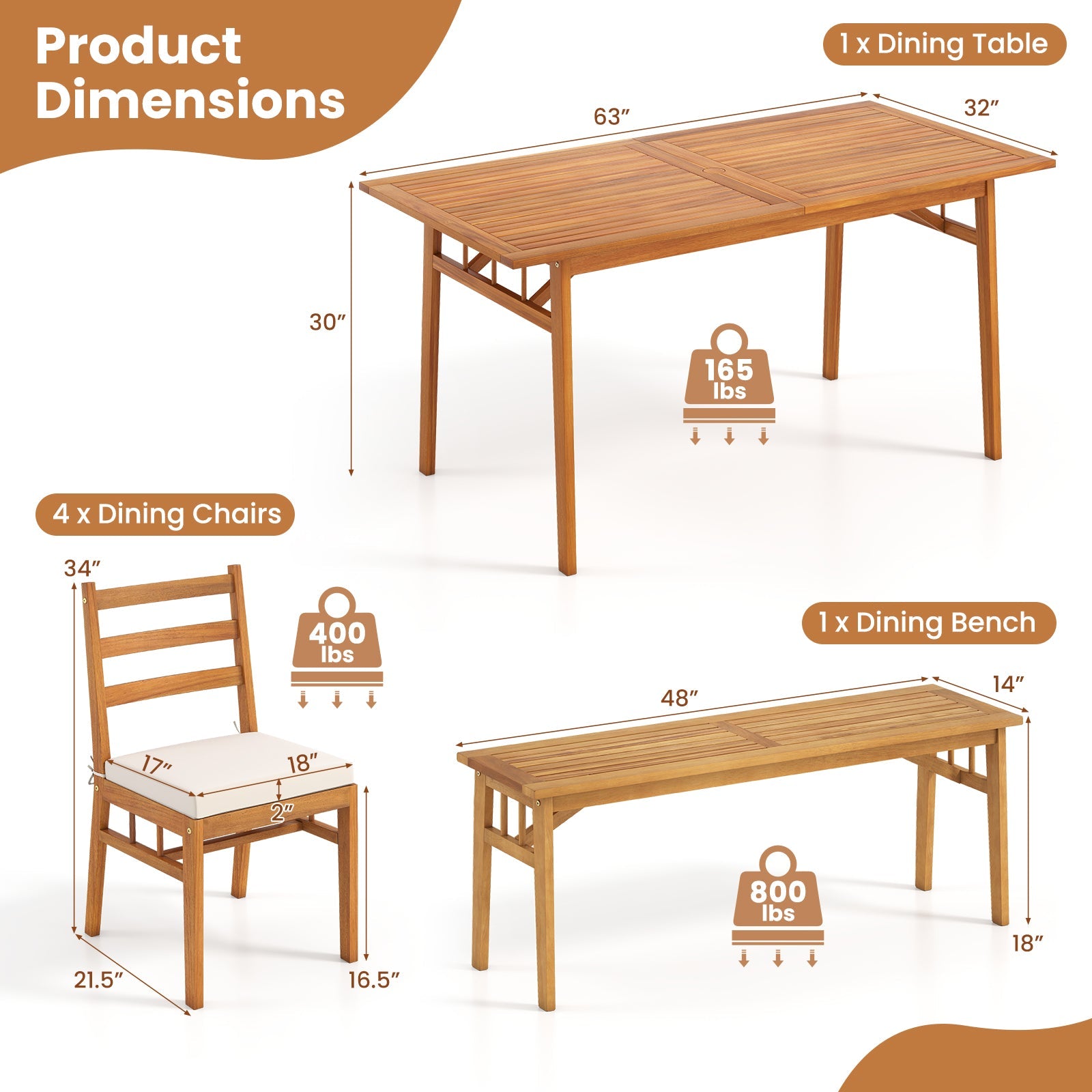 Costway 6-Piece Patio Acacia Wood Dining Set Bench Rectangular Table Chairs 10348287 New