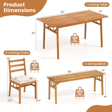 Costway 6-Piece Patio Acacia Wood Dining Set Bench Rectangular Table Chairs 10348287 New